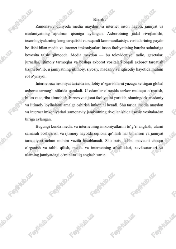 va jarayonlardan xabardor qilish hamda ijtimoiy ongni rivojlantirishdir. media maydon turli shakllarda namoyon bo‘ladi va ularni quyidagicha tasniflash mumkin: an’anaviy media vositalari: bu turga televideniye, radio, gazetalar va jurnallar kiradi. televideniye va radio orqali aholi tezkor yangiliklardan xabardor bo‘ladi, turli mavzularda dasturlar va suhbatlar orqali bilim va ma’lumot oladi. gazeta va jurnallar esa matn va rasm asosida axborot taqdim etadi, jamoatchilik fikrini shakllantirishda katta rol o‘ynaydi. raqamli va onlayn media vositalari: internetning rivojlanishi bilan bloglar, veb-saytlar, ijtimoiy tarmoqlar (facebook, instagram, telegram, tiktok va boshqalar) media maydonning ajralmas qismiga aylangan. ushbu vositalar axborotning tezkor, keng qamrovli va interaktiv tarzda tarqalishini ta’minlaydi. foydalanuvchilar nafaqat axborot oladi, balki o‘z fikrini ifoda etadi, munozara olib boradi va ma’lumot almashadi. maxsus va professional media platformalari: bu turga yangilik agentliklari, ilmiy va ta’limiy portallar, elektron kutubxonalar va media kompaniyalari kiradi. ular sifatli, ishonchli va tahliliy axborot yetkazishga ixtisoslashgan. masalan, reuters, bbc, o‘zbekiston milliy axborot agentligi kabi …