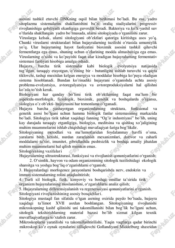 rasida biz juda murakkab tuzilgan va ancha sodda tuzilgan, geterotrof va autotrof, erkin yashovchi va parazit, suvda va quruqlikda yashovchi va boshqa formalarni uchratamiz. tirik tabiat taraqqiyotida ko‘p hujayralilarni kelib chiqishi organizmlarni ularning hujayralari o‘rtasida funksiyalarni taqsiml anishi hisobiga moslanish uchun yangi imkoniyatlarni paydo qildi. funksional mutaxassislashish natijasida juda ko‘p xil to‘qima hujayralari vujudga keldi. masalan, sut emizuvchilar tanasida diametri 6-8 mk keladigan va shaklini doimo o‘zgartirib turadigan kichik limfotsitlar bilan birga uzunligi xattoki 1 metr va undan ham ortik o‘simtalarga ega bo‘lgan nerv hujayralari bo‘ladi. hujayrani tashkil bo‘lishidagi filogenetik protsesslar asta-sekin murakkablashishning uzok yo‘li bosib o‘tildi. hozirgi vaqtda juda ko‘p bakteriya va ko‘k-yashil suv o‘tlarining orasida tipik yadro va umumhujayraviy organoidlar kompleksiga ega bo‘lmagan turlari uchraydi. ammo bularda ham yadroning 6 asosini tashkil etuvchi dnkning oqsil bilan birikmasi bo‘ladi. bu esa, yadro sitoplazma sistemalarini shakllanishini ba‘zi oraliq stadiyalarini progressiv rivojlanishiga qobiliyatli ekanligiga guvoxlik beradi. bakteriya va ko‘k-yashil suv o‘tlarida …