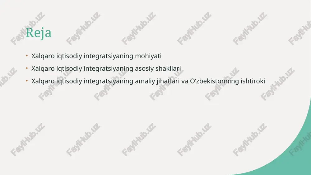 at, investitsiya va texnologik hamkorlik rivojlanadi, iqtisodiy barqarorlik ta’minlanadi. 03 yangi imkoniyatlar global iqtisodiy integratsiya yangi bozorlar va investitsiya imkoniyatlarini ochadi, mamlakatlarning iqtisodiy salohiyatini oshiradi va rivojlanishga yordam beradi. xalqaro iqtisodiy integratsiyaning iqtisodiy rivojlanishga ta'siri va imkoniyatlari. iqtisodiy rivojlanish imkoniyatlari xalqaro iqtisodiy integratsiya mamlakatlarga yangi bozorlar ochish, texnologiyalar almashinuvi va investitsiyalarni jalb qilish imkoniyatlarini kengaytiradi. samarali resurslar integratsiya orqali tabiiy va inson resurslaridan maksimal foydalanish, ishlab chiqarish samaradorligini oshirish va iqtisodiy barqarorlikni ta'minlash mumkin. yangi raqobatbardoshlik globallashuv va mintaqaviy hamkorlik mamlakatlarning raqobatbardoshligini oshiradi, innovatsiyalar va sifatli mahsulotlar ishlab chiqarishga turtki bo'ladi. iqtisodiy integratsiya va milliy iqtisodiyotlar: o'zaro bog'liqlik va farqlar. 01 samarali bog’liqlik milliy iqtisodiyotlar va xalqaro integratsiya o’rtasidagi bog’liqlik, ularning bir-biriga ta’siri va iqtisodiy rivojlanishga qo’shgan hissasi muhim ahamiyatga ega. 02 farqlar va o’ziga xosliklar milliy iqtisodiyotlar va xalqaro integratsiya har doim bir xil emas; ularning yuritilishi, siyosatlari va rivojlanish darajalari farqlidir. 03 integratsiya va mustaqillik iqtisodiy integratsiya mamlakatga …