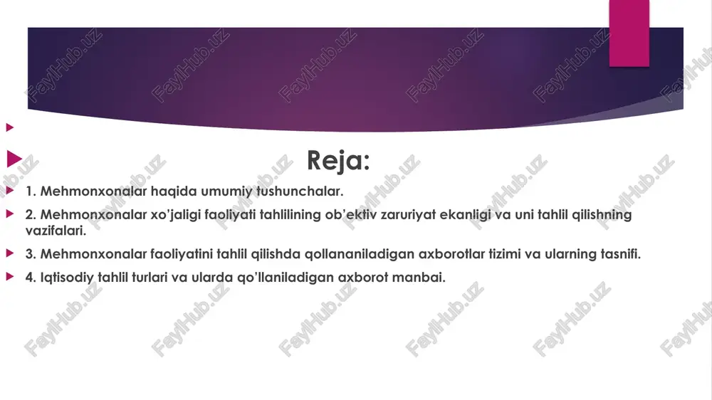 kerak. bundan tashqari, u mijozlarni jalb qilish va ushlab turish uchun ijtimoiy media, kontent marketingi, kontekstli reklama va boshqa onlayn kanallardan faol foydalanishi kerak. pr kampaniyalari va oav bilan aloqalar pr kampaniyalari mehmonxonaga jamoatchilik bilan aloqa o'rnatishga va ommaviy axborot vositalarining e'tiborini jalb qilishga yordam beradi. mehmonxona ommaviy axborot vositalarining e'tiborini tortadigan va o'ziga xos imkoniyatlari haqida gapirishga imkon beradigan tadbirlar, press-turlar, matbuot anjumanlari va boshqa tadbirlarni tashkil qilishi mumkin. jurnalistlar va bloggerlar bilan faol aloqada bo'lish, ularga qiziqarli hikoyalar va eksklyuziv nashr takliflarini taklif qilish ham muhimdir. sodiqlik dasturlari va personallashtirish sodiqlik dasturlari mavjud mijozlarni saqlab qolish va qayta bron qilishni rag'batlantirish uchun kuchli vositadir. otel doimiy mehmonlarga maxsus imtiyozlar, chegirmalar, bonuslar va sovg'alarni taklif qilishi mumkin. bundan tashqari, xizmatlarni personallashtirish va har bir mehmonning ehtiyojlariga e'tibor berish ijobiy yashash tajribasini yaratishga turtki bo'ladi va mijozlar ehtiyojini qondirishga yordam beradi. izohlar va reputatsiya zamonaviy raqamli dunyoda mehmonlarning fikri mehmonxonani …