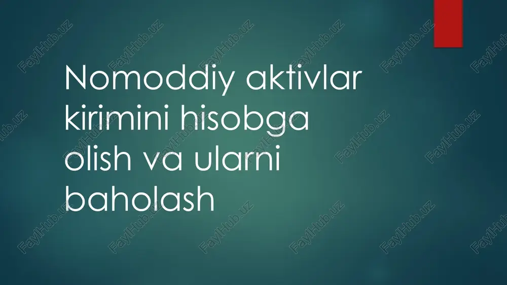 oshiradi. nomoddiy aktivlar kompaniyaning bozor qiymatini oshiradi va raqobat muhitida muvaffaqiyat uchun muhim ahamiyat kasb etadi. nomoddiy aktivlarning xususiyatlari noaniqlik nomoddiy aktivlar odatda noaniqlik bilan bog'liq bo'lib, ularning qiymati va foydasi kelajakda aniq bo'lmaydi. bu aktivlarning qiymatini baholashda ehtiyotkorlik talab etiladi. uzoq muddatli foyda nomoddiy aktivlar uzoq muddatli foyda keltiradi, chunki ular kompaniyaning uzoq muddatli rivojlanishi va raqobatbardoshligini ta'minlaydi. ularning foydasi odatda yillik yoki oylik asosda ko'rinadi. photo by sj objio on unsplash photo by daniel zacatenco on unsplash nomoddiy aktivlar va ularning baholanishi bu slaydda nomoddiy aktivlarni baholash usullari - xarajatlar, daromad va bozor usullari - ko'rib chiqiladi. har bir usulning afzalliklari va kamchiliklari, baholashdagi noaniqliklar ham ta'kidlanadi. amaliy misollar bilan tushuntiriladi. photo by daniel mirlea on unsplash nomoddiy aktivlar: tahlil va baholash nomoddiy aktivlarni tahlil qilishda e'tiborga olinadigan asosiy omillar va baholash jarayonida yuzaga keladigan muammolar haqida ma'lumot. nomoddiy aktivlarni tahlil qilishda quyidagi omillar muhim hisoblanadi: aktivlarning yoshi, …