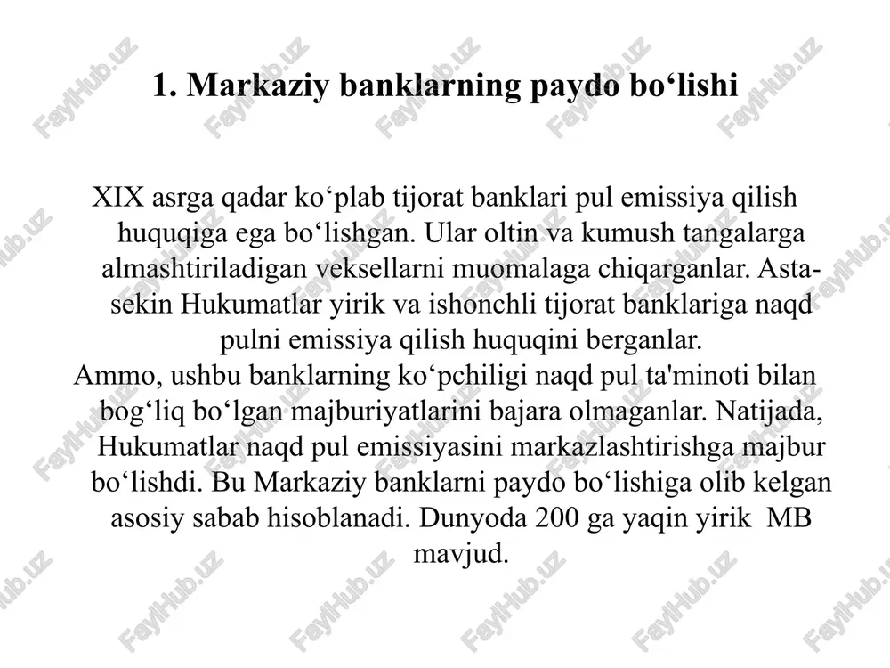 gol'm banki oltin, kumush va mis tangalarni qabul qilar va uning o‘rniga bank tilxati berar edi. tilxat qirollikning barcha hududida to‘lov vositasi sifatida cheklanmagan miqdorda qabul qilinar edi. tilxat bankka olib kelinganda bank uni egasiga pullarini qaytarib berar edi. 1. markaziy banklarning paydo bo‘lishi stokgolm bankining tilxatlari savdoni rivojlantirishga kuchli turtki berdi. chunki, mis pullar juda og‘ir edi. masalan, 10 dalerlik mis pulning og‘irligi 20 kg kelar edi, kattaligi 30 x 70 sm edi. 1661 yilda stokgol'm banki kredit dalerlarini muomalaga chiqardi. kredit daleri bankda deponent qilingan ma'lum miqdordagi tangalarga yozilgan foizsiz qarz majburiyatlari edi. 1. markaziy banklarning paydo bo‘lishi y.palmstruxning xatosi: 1664 yilda 2,7 mln. mis daler muomalaga chiqarilgan. bu o‘sha vaqtdagi astronomik darajadaga katta summa edi. bankning omborxonasida esa, atigi 4 ming mis tanga qolgan edi. ya'ni, muomalaga chiqarilgan kredit dalerlari bankning depozit bazasidan 67,5 marta ko‘p edi. 1667 yilning oxirida bank tugatildi. palmstrux o‘lim jazosiga hukm qilindi. …