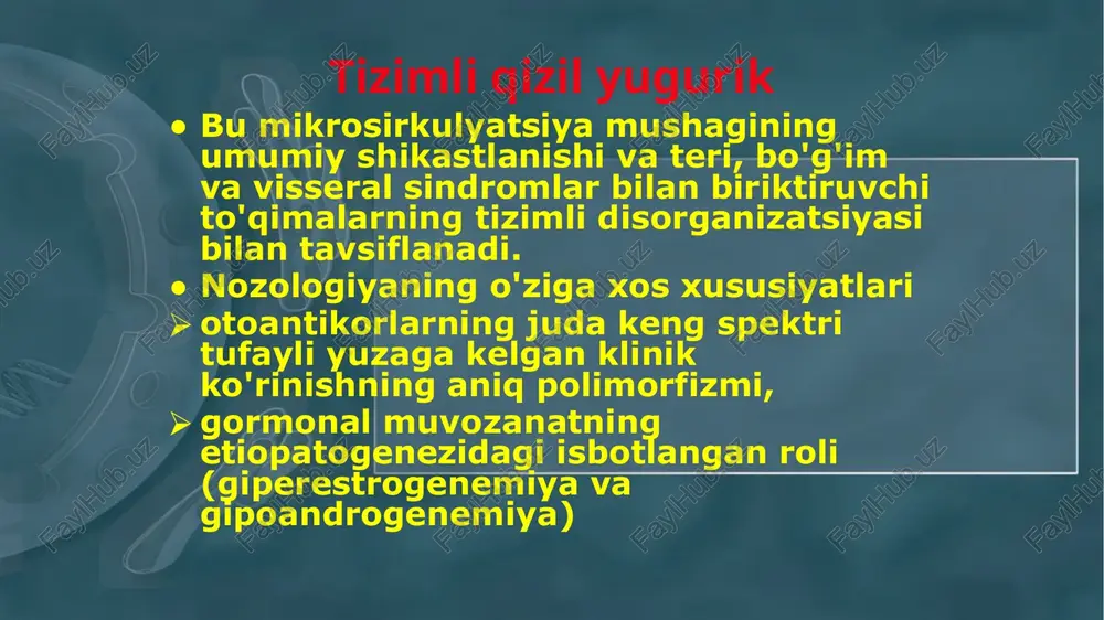 terstitsial pnevmoniya, pnevmofibroz) ustunlik qiladi. buyrak shikastlanishi (sle bo'lgan bolalarning 70%). lupus nefrit nefritik va nefrotik sindromlar sifatida namoyon bo'ladi va buyrak etishmovchiligiga olib kelishi mumkin. asab tizimining shikastlanishi (50% dan ko'prog'ida) bosh og'rig'i, nevropsikiyatrik kasalliklar va tutilishlar sifatida namoyon bo'ladi. qon tomirlari, orqa miya shikastlanishi va kranial nervlarning shikastlanishi mumkin. skv uchun laboratoriya mezonlari 2. immunitetning buzilishi. a) yuqori titrlarda nativ dnkga antitelalar. s m antigeniga antikorlarning mavjudligi . c) antifosfolipid antikorlarning mavjudligi: -kardiolipinga ( ig m ig g ) antikorlarning titrini oshirish; - standart usul bilan qizil yuguruk antikoagulyantini aniqlash; - immobilizatsiya reaktsiyasi yoki floresan antitreponemal antikorlarning so'rilish testida 6 oy ichida sifilisga noto'g'ri ijobiy reaktsiya. eng o'ziga xos immunologik belgi antinuklear antikorlardir. tizimli qizil yuguruk (kapalak yuzi) alopesiya tizimli qizil yuguruk shilliq qavatining shikastlanishi voyaga etmagan tizimli skleroderma terining xarakterli o'zgarishlari, vazospastik reaktsiyalar (raynaud sindromi), psevdoartrit va kalsifikatsiya va visseritning mumkin bo'lgan rivojlanishi bilan kechadigan progressiv polisindromik …