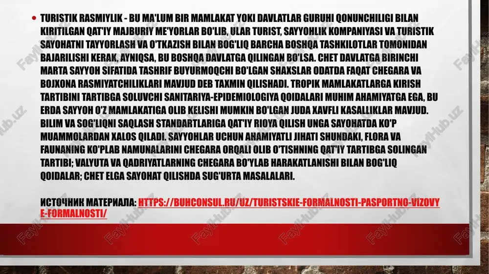 tskie-formalnosti-pasportno-vizovye-formalnosti/ ba'zi bir sayyohlik rasmiyatchiliklari sayyohning o'zi bilan bevosita bog'liq, masalan, chet el pasportini olish zaruriyati, chegara nazorati va bojxona tekshiruvidan o'tish tartibiga rioya qilish va emlash. turistik agentlikka boshqa rasmiyatchiliklar qo'llaniladi - bularning barchasi xalqaro turizm sohasida biznes yuritish uchun belgilangan tartibda bajarishi kerak bo'lgan shartlardir. masalan, turizm faoliyati uchun litsenziya va yaratilgan turistik mahsulotga muvofiqlik sertifikatini olish. turistik agentlik va turist o'rtasidagi kelishuvning muhim shartlariga qo'yiladigan talablarga rioya qiling. yuqorida aytib o'tilganlarga asoslanib, turistik rasmiylik - bu qonuniylik va davlatda o'rnatilgan tartib nuqtai nazaridan zarur bo'lgan qoidalar, shartlar va harakatlar, bu turistik sayohatni tashkil qilish, ro'yxatdan o'tkazish va amalga oshirishda kuzatilishi kerak. istochnik materiala: https://buhconsul.ru/uz/turistskie-formalnosti-pasportno-vizovye-formalnosti/ jahon savdo tashkiloti mutaxassislarining xulosasiga ko'ra, turizm bo'yicha global axloq kodeksi, shu jumladan, sayyohlik rasmiyatchiligini tartibga solish nuqtai nazaridan haqiqiy hujjat bo'lishi kerak. xususan, san'atda. 8 "sayyohlik sayohati erkinligi" davlatlar tomonidan joriy qilingan yoki viza, sanitariya va bojxona kabi xalqaro shartnomalardan kelib chiqadigan …