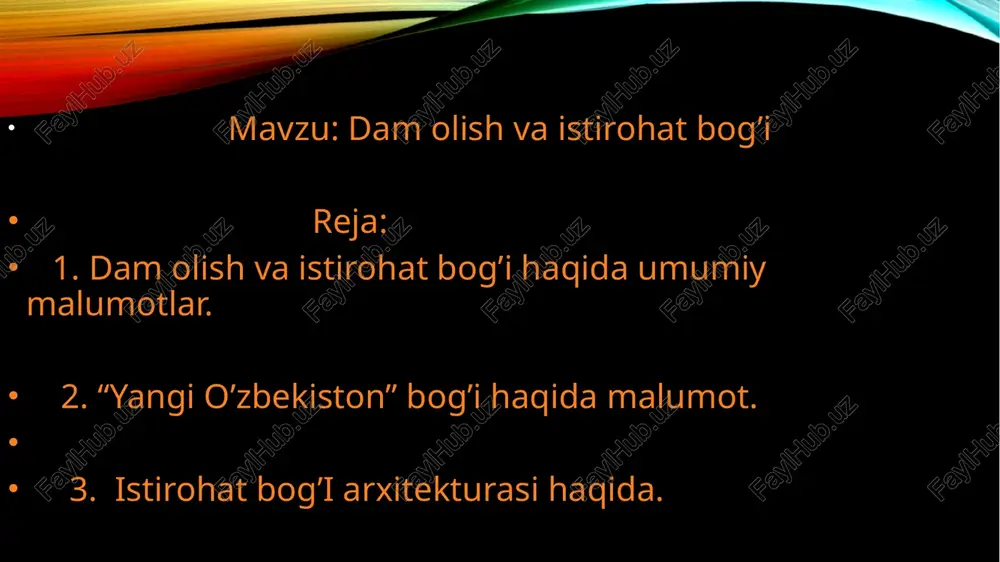 y hordiq chiqaradigan, turli bezakli daraxt va gulzorlar bilan jihozlangan, koʻkalamzorlashtirilgan maskan. istirohat bog’i bogʻ tuzish sanʼatining oʻziga xos uslublari asosida barpo etiladi. oʻzbekistonda istirohat bog’i shahar hududining hajmi, meʼmoriy qiyofasi va tabiiy sharoitiga qarab tashkil qilinadi. kichik shaharlarda bitta, katta shaharlarda bir necha, aholisi 500 mingdan ortiq shaharlarda esa umumshahar ahamiyatiga ega boʻlgan bogʻlardan tashqari, shahar hududidagi har bir tumanning istirohat bog’i boʻlishi mumkin. unda aholiga madaniy xizmat koʻrsatish katta oʻrin tutadi. maydonlardagi ochiq estrada sahnalarida professional teatr va eng yaxshi havaskorlik jamoalarining spektakl va konsertlari, dorboz, polvon va masharabozlarning tomoshalari, askiya kechalari uyushtiriladi, kinofilmlar namoyish qilinadi. ommaviy sayil, karnaval, turli sport musobaqalari va boshqa tashkil etiladi. bolalar uchun maxsus joy ajratilib, qiziqarli attraksionlar bilan jihozlanadi va hokazo (qarang oʻzbekiston milliy bogʻi, bobur bogʻi va b.). oʻzbekiston respublikasi madaniyat ishlari vazirligi tasarrufiga kiruvchi istirohat bog’lari respublika boʻyicha 82 ta (2003). -qayd etilishicha, mustaqillikning 30 yilligiga bag‘ishlangan «yangi o‘zbekiston» majmuasi …