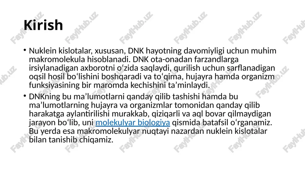 yra tomonidan zarur boʻlgan maʼlum mahsulotni ishlab chiqarish boʻyicha koʻrsatmalar beradi. dnkdan rnkga va rnkdan oqsilga koʻpchilik genlar oqsil moddalarini kodlaydi, yaʼni ular maʼlum bir oqsilni hosil qilish uchun ishlatiladigan aminokislotalar ketma-ketligini belgilaydi. dnkdagi ushbu maʼlumot oqsil sintezi uchun ishlatilishidan oldin, avvalo, genning rnk nusxasi (transkripti) yaratilishi kerak. rnkning ushbu turi informatsion rnk (irnk) deb ataladi. chunki irnk molekulasi dnk va ribosoma (irnk ketma-ketligini oʻqib, uning asosida oqsil sintez qiluvchi uskuna) oʻrtasida maʼlumot tashuvchi vazifasini bajaradi. dnkdan rnkga va rnkdan oqsilga aylanish jarayoni molekulyar biologiyaning “markaziy dogmasi” deyiladi. eng muhimi, barcha genlar ham oqsil mahsulotlarini kodlamaydi. misol uchun, ayrim genlar ribosomalarning tuzilish tarkibiy qismlari sifatida xizmat qiluvchi ribosomal rnk (rrnk) yoki transport rnk (trna)ni kodlaydi. trnk beda bargi shaklidagi rnk molekulasi boʻlib, oqsil sintezi davomida aminokislotalarni ribosomaga tashib keltiradi. yana boshqa rnk molekulalari, masalan, kichik mikrornk (mirna) boshqa genlar uchun regulyator vazifasini bajaradi va hozirgi davrda oqsil boʻlmagan molekulalarni kodlovchi …