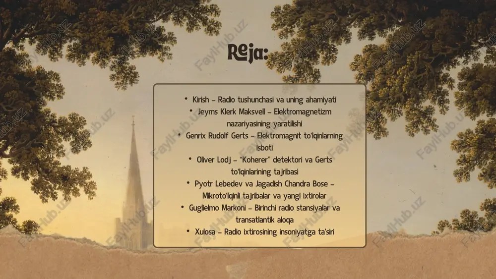 irollik institutida hertz to‘lqinlari bo‘yicha mashhur ma’ruza o‘qidi. u fransuz olimi édouard branly ixtiro qilgan detektorni yaxshilab, “koherer” deb nom berdi. lodj tajribalar davomida to‘lqinlarning sinishi (refraksiya), difraksiya, interferensiya, polarizatsiya va stasionar to‘lqinlar xususiyatlarini ko‘rsatdi. uning tajribasi elektromagnit to‘lqinlar yorug‘lik to‘lqinlariga o‘xshash ekanini amalda isbotladi. ilmiy tajribalar kengayishi: lodjdan keyin olimlar elektromagnit to‘lqinlarning optik xususiyatlarini chuqurroq o‘rganishdi. oliver lodj va augusto righi 1.5–12 ghz diapazonlarda mikroto‘lqinlar bilan tajriba o‘tkazdi. pyotr lebedev (rossiya) — 1895-yilda 50 ghz (6 mm) diapazonda tajriba o‘tkazdi. jagadish chandra bose (hindiston) — 60 ghz (5 mm) diapazonda tajriba o‘tkazdi va: to‘lqin yo‘naltirgich (waveguide), shoxli antenna (horn antenna), yarim o‘tkazgich detektorlarini ixtiro qildi. bose 1895-yil noyabr oyida kalkutta shahar hokimligida ommaviy namoyish o‘tkazib, radio to‘lqinlar yordamida barutni portlatgan va qo‘ng‘iroqni chalg‘itgan — bu tarixdagi eng dastlabki simlarsiz aloqa tajribalaridan biri hisoblanadi. 1 2 3 guglielmo markoni va radio amaliyoti (1897–1907) 1897-yilda italiyalik ixtirochi guglielmo markoni angliyaning isle …