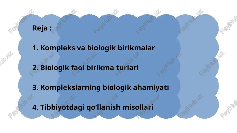 fermentlar tarkibida bo‘lib, katalitik markaz vazifasini bajaradi. masalan, karbonik angidraza fermenti tarkibidagi zn²⁺ ioni co₂ almashinuvini tezlashtiradi. hujayra faoliyatiga ta’siri ko‘plab komplekslar hujayra ichidagi moddalar almashinuvi, energiya hosil bo‘lishi va toksinlarni zararsizlantirishda ishtirok etadi. masalan, metall-enzimlar oksidlanish-qaytarilish jarayonlarida, gem kompleksi esa kislorod tashishda beqiyos rol o‘ynaydi. 4. tibbiyotdagi qo‘llanish misollari diagnostikadagi qo‘llanish ba’zi kompleks birikmalar laboratoriya diagnostikasida ishlatiladi. masalan: edta (etilendiamintetraatsetat) — qon tahlillarida kalsiy ionlarini bog‘lab, ivishni oldini oladi; radiokomplekslar — organlar faoliyatini kuzatishda qo‘llanadi. davolashdagi qo‘llanish komplekslar dori sifatida ham muhim o‘rin tutadi. masalan: sisplatin — o‘simta hujayralarini yo‘q qiladi; temir komplekslari — anemiya (kamqonlik)da ishlatiladi; rux va mis komplekslari — immunitetni mustahkamlaydi. xulosa: kompleks birikmalar va biologik faol moddalarning o‘zaro bog‘liqligi tibbiy kimyo fanining asosiy yo‘nalishlaridan biridir. ular organizmda muhim jarayonlarni boshqaradi va tibbiyotda keng qo‘llanadi. raximova odinaxon 111 guruh e'tiboringiz uchun raxmat image1.png image3.png image5.png image7.png image9.png image11.png image13.png image15.png image16.svg image17.jpeg image18.jpeg image19.jpeg image20.png image21.png …