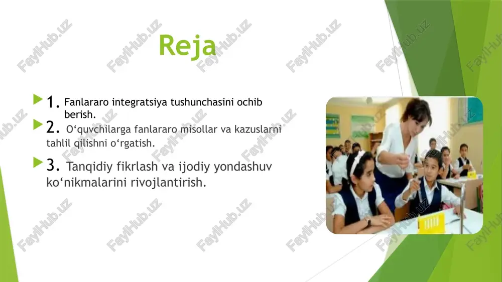 ematika orqali maydonni hisoblash, fizika orqali inshoot barqarorligini aniqlash, biologiya orqali o‘simliklar va ekologik muhitni tahlil qilish. ikkinchi shakl – vertikal integratsiya, bunda o‘quvchilar oldingi mavzularda o‘rgangan bilimlarini yangi mavzularda qo‘llashadi. masalan, ilgari o‘rgangan matematik formulasini fizika yoki kimyo masalalarini yechishda qo‘llash. uchinchi shakl – loyiha yoki tadqiqot asosidagi integratsiya, bunda o‘quvchilar real hayot masalalarini hal qilish uchun fanlararo yondashuvni qo‘llaydilar. fan sikllari integratsiyasi o‘quvchilarda bir qancha ko‘nikmalarni rivojlantiradi. avvalo, tanqidiy fikrlash rivojlanadi, chunki o‘quvchi biror masalani hal qilish uchun bir nechta fan bilimlarini solishtiradi va tahlil qiladi. ikkinchidan, ijodiy yondashuv rivojlanadi, chunki o‘quvchi o‘z yechimlarini ishlab chiqadi va turli fan bilimlarini birlashtiradi. uchinchidan, amaliy ko‘nikmalar oshadi, chunki o‘quvchilar fanlararo yechimlarni real hayotiy vaziyatlarda qo‘llashni o‘rganadilar. shu bilan birga, fan sikllari integratsiyasi o‘quvchilarda o‘zaro hamkorlikni ham rivojlantiradi, chunki ko‘p hollarda bu jarayon guruh ishlari orqali amalga oshiriladi va o‘quvchilar bir-biriga yordam berib, birgalikda natijaga erishadi. fan sikllari integratsiyasi darslarda turli …