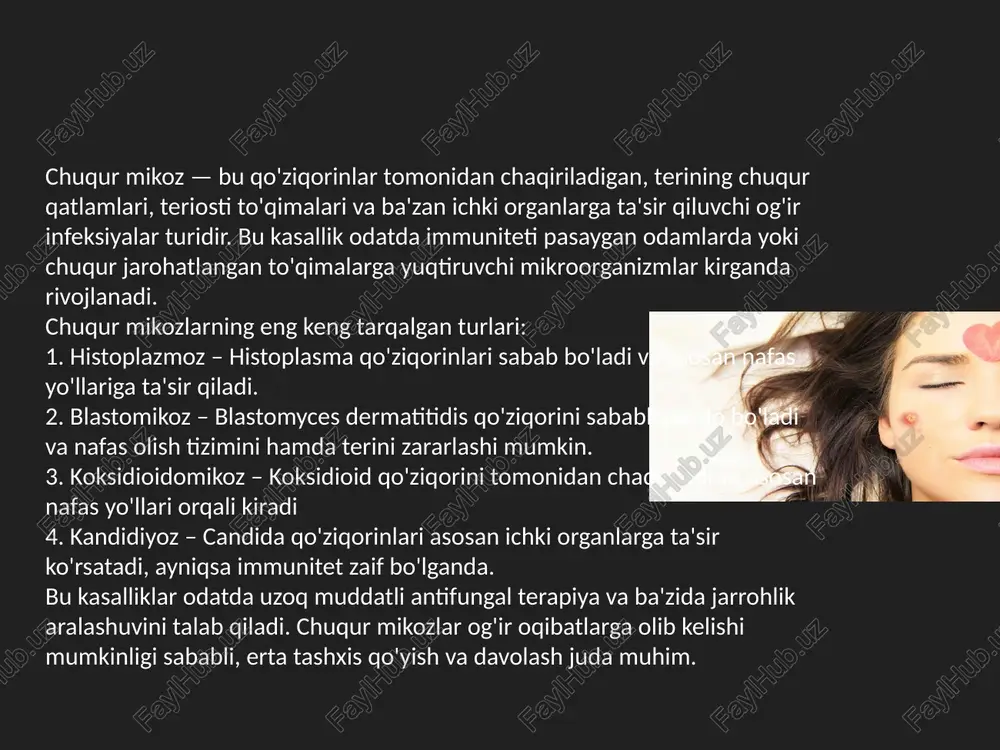o'l bilan yuqadi. 3. tana suyuqliklari orqali (kamdan-kam hollarda) immuniteti zaif bo'lgan odamlarda, masalan, oiv bilan kasallanganlarda, chuqur mikozlar qonga yoki ichki organlarga tarqalishi mumkin. biroq, bu holatlar odatda birlamchi infeksiya natijasida sodir bo'ladi va insondan insonga yuqishi odatda kuzatilmaydi. 4. ichki organlar orqali qo'ziqorin sporalari nafas yo'llariga kirgandan so'ng, ular o'pka orqali qon oqimiga tarqalishi va ichki organlarga ta'sir qilishi mumkin (disseminatsiyalangan infektsiya). biroq, bu boshqa odamlarga yuqishi bilan bog'liq emas. kimlarda xavf yuqori? immuniteti zaif odamlar: oiv bilan kasallanganlar, immunosupressiv dorilar qabul qiladiganlar yoki organ ko'chirib o'tkazilganlar yuqori xavf ostida. qishloq xo'jaligi ishchilari va qurilishchilar: tuproq va o'simliklar bilan muntazam aloqa qilishlari tufayli, qo'ziqorin sporalari bilan ifloslangan muhitda bo'lish xavfi yuqori. yashash joyi: ba'zi mikozlar ma'lum geografik hududlar bilan bog'liq. masalan, koksidioidomikoz aqshning janubi-g'arbiy qismida keng tarqalgan. infektsiyaning oldini olish uchun tuproq bilan ishlaganda himoya vositalaridan foydalanish va yuqori xavfli hududlarda ehtiyot choralarini ko'rish muhimdir. chuqur mikozlarning klinik …