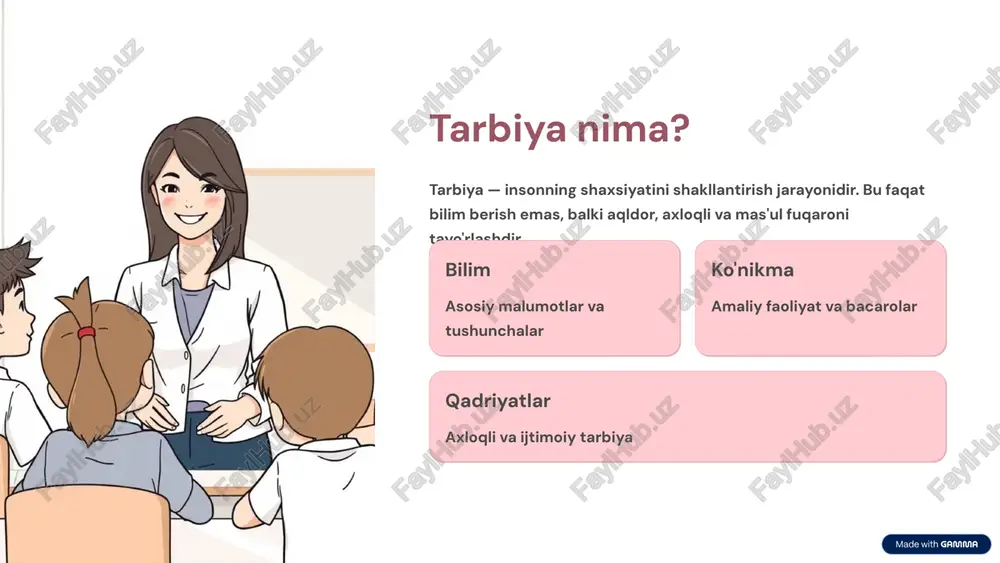 ilish kerakligini tushunish 8 metodlarni integratsiyalash encourage persuade discipline develop 9 yakuniy xulosalar bolani bilish har bir bola o'ziga xos. metodlar individual ehtiyojlarga moslashtirilishi kerak. samaradorlik tarbiya metodlari uygunlik va to'g'ri tadbiqlashdagina meyarizali natija beradi. kelajak saviyali tarbiya mas'ul, ijodiy va axloqli fuqarolar yaratadi — jamiyatning poydevori. 10 image-1002-1.png image-1002-2.png image-1-1.png image-1003-1.png image-1003-2.png image-2-1.png image-1004-1.png image-1004-2.png image-3-1.png image-1005-1.png image-1005-2.png image-4-1.png image-1006-1.png image-1006-2.png image-5-1.png image-1007-1.png image-1007-2.png image-6-1.png image-6-2.png image-6-3.png image-1008-1.png image-1008-2.png image-7-1.png image-1009-1.png image-1009-2.png image-8-1.png image-8-2.png image-8-3.png image-8-4.png image-1010-1.png image-1010-2.png image-9-1.png image-9-2.png image-9-3.svg image-9-4.png image-9-5.svg image-9-6.png image-9-7.svg image-9-8.png image-9-9.svg image-1011-1.png image-1011-2.png image-10-1.png