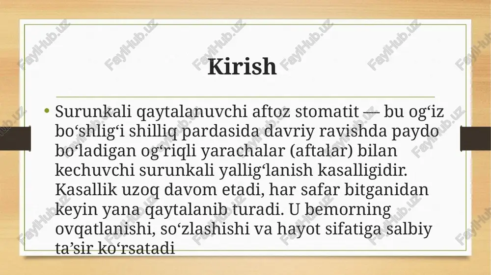 li yara — afta hosil bo‘ladi. aftalar bitgach, u joyda chandiq qolmaydi, lekin ma’lum vaqt o‘tgach yana qaytalanadi. klinik belgilari 1. aftalar – og‘iz bo‘shlig‘i shilliq pardasida paydo bo‘ladi. ko‘pincha lab ichki tomoni, lunj, til yon yuzasi, yumshoq tanglayda kuzatiladi 2. shakli va o‘lchami – aftalar odatda yumaloq yoki oval shaklda bo‘ladi, diametri 2–10 millimetr atrofida. 3. tashqi ko‘rinishi – o‘rtasi kulrang yoki oq parda bilan qoplangan, atrofi esa to‘q qizil rangda bo‘ladi. 4. og‘riq – aftalar juda og‘riqli bo‘ladi, ayniqsa ovqatlanish va so‘zlash paytida. 5. bitish muddati – odatda 7–10 kun ichida yara bitadi, biroq keyinroq boshqa joyda yana paydo bo‘ladi. turlari 1. engil shakli – aftalar kichik, soni kam, 5–10 kunda bitadi. 2. og‘ir shakli – chuqur, katta aftalar paydo bo‘ladi, bitgach chandiq qoldiradi. 3. gerpetiform shakli – juda ko‘p, mayda aftalar bir vaqtning o‘zida paydo bo‘ladi. diagnostika 1. klinik tekshiruv – vrach og‘iz bo‘shlig‘ini ko‘zdan kechiradi, aftalarning …