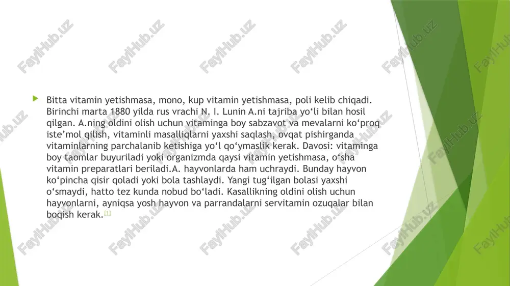 rak. davosi: vitaminga boy taomlar yoki organizmda qaysi vitamin etishmasa, o'sha vitamin dori vositalari buyuriladi. har bahor oylarida yoki yoz boshida bolalarda quyidagi belgilar kuzatiladi: doimiy charchoqlik, uyquchanlik, asabiychanlik, injiqlik, sochlar to'kilishi, lablarda yoriqlar paydo bo'lishi, tirnoqlar sinishi va ularning mo'rtligi. bu belgilar birgalikda avitaminoz kasalligi belgilari hisoblanadi. ma'lumot o'rnida: organizmda ayrim vitaminlarning umuman etishmasligi avitaminoz deb yuritiladi. organizmda vitaminlarning kamayishi gipovitaminoz deb yuritiladi. darvaze. shifokorlarning aytishicha, avitaminoz holati mavsumiy kasallik hisoblanmasdan, balki bolalarda yil bo'yi uchrab turadi. buning asosiy sababi bolalarni noratsional ovqatlantirish, sifatsiz konservalangan mahsulotlarni qabul qilish, noqulay ekologik muhit hisoblanadi. buni bilasizmi?! a va d vitaminlarini mustaqil holda qabul qilish mumkin. ammo bu vitaminlarning organizmda miqdori oshib ketishi turli kasalliklarga olib keladi. masalan: organizmda a vitamini ko'payib ketganda suyak to'qimasi kasallilkariga olib keladi. bolalar organizmida d vitamini oshib ketishi esa yurak, buyrak va suyak to'qimalari uchun xavflidir. sabablari kasallik uzoq muddat nosog’lom ovqatlanish tufayli yuzaga chiqishi mumkin. …