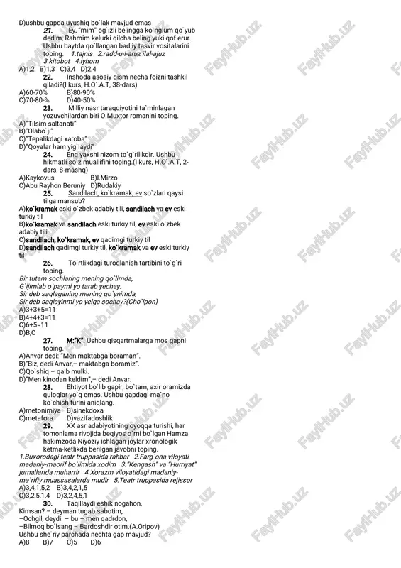 gisi qòyiladivaqandayyoziladi?(6-sinf121-dars) a)tire,ajratibyoziladi b)chiziqcha,ajratibyoziladi c)juftsifatqismlariòrtasida-u,-yuvositasiniqòyib bòlmaydi d)qòshibyoziladi 11. “xonumonitalanib,qilichisinib,qalqoni teshilib,yengilgansarbozdekxomushtortib òtirgan”obrazlarkim vaularqaysiasar qahramonlari? a)”kechavakunduz”,akbaralivamiryoqub b)”mèmor”,najmiddinvahorunbek c)”rustamxon”,sultonxonvahuroyim d)”sariqdevniminib”,hojimjonvadòstiqosimjon 12. qaysiqatordavazifadoshergashtiruvchi bog̀lovchilarqòllangan? a)deb,-sindeb,bòlsa,esa,-u,-yu,-da b)-ki,deb,-sindeb,-sa c)bòlsa,esa,shuninguchun,shusababli d)bòlsa,esa,-u,-yu,-da,-sa 13. ozginahovliqibturishsaham,chòchishsa ham mayliga,negakikeyinyelkalaridanyukarigan mahalituyadiganshodliklariham shungayarasha bòladi.ushbugapdanechtasoddagapmavjud?(9 -sinf94-mashq1.) a)3 b)2 c)ushbugapsoddagap d)tòg̀rijavobyòq 14. keltirilganparchaaruzningqaysibahrida yozilgan?yurig̀libuluttegyigitlikniidtim,tubiel kechartegtirikliktugattim.(y.x.hojib) a)rajazimusammanimaqsur b)ramalimusaddasisolim c)hazajimusaddasimahzuf d)mutaqoribimusammanisolim 15. qaysiqatordavazifadoshkòmakchilar berilgan?(7-sinf48-50-dars) a)keyin,sòng,tomon b)singari,uzra,tufayli c)sari,sayin,oldin d)uchun,kabi,kòra 16. m.shayxzodatomonidanyangidan yasalgan,hayotyangiliklariniifodalovchiyangi sòzlar–neologizmlarnitòg̀ritoping. a)fazoshumulvazifa,xayolxona b)ilhomdosh,oyoqdosh c)sharofobod,xorazmlashmoq d)repititor,test 17. toshkentshahrihozirgikundatobora chiroyochibbormoqda.ushbugapdagisintaktik shaklhosilqiluvchiqòshimchalarmiqdorini aniqlang.(7-sinf3-dars102-mashq) a)1 b)3 c)2 d)tòg̀rijavobyòq 18. qaysixalqdostonidafarzandiòtigakuyib, tagzamingakirib,toat-ibodatgamashg̀ulbòlgan obrazmavjud? a)”alpomish”,boybòri b)”ravshan”,hasanxon c)”kuntug̀mish”,qoraxon d)”rustamxon”,sultonxon 19. rivoyatqiladilarki,luqmonihakim avval zolim vabadjahl,qullarigashafqatsizbòlgan. ushbugapdagibòlmoqfèlihaqidagitòg̀ri hukmnitoping.(8-sinf42-dars120-ma