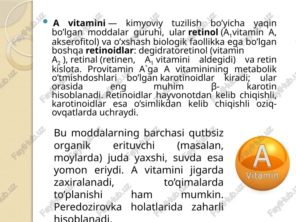 qilishi mumkin (100 g`da 8 dan 25 mg` gacha). uning yaxshi manbalari qizil qalampir, ko’k piyoz, salat, qovoq va pomidor bo’ladi. o’simlik (karotinoidlar): yashil va sariq sabzavotlar — sabzi, qovoq, shirin qalampir, ismaloq, brokkoli, ko’k piyoz, petrushka; dukkaklilar — soya, no’xat; mevalar — shaftoli, o’rik, olma, uzum, tarvuz, qovun, na’matak, chakanda, gilos. hayvonotli (retinoidlar) — baliq yog’i, jigar (ayniqsa mol jigari), ikra, sut, sariyog’, margarin, smetana, tvorog, pishloq, tuxum sarig’i. tarkibida beta-karotin ko’p miqdorda mavjud bo’lgan genetik-modifikatsiyalangan tillarang guruch a vitamini tanqisligini bartaraf etish uchun potentsial yechimdir, ammo shunga qaramay, «oltin guruchning» hech bir navi iste’mol uchun mavjud emas. sintetik retinol (murakkab efirlar shaklida) juft bog’lanishlardan iborat zanjirni asta-sekin o’stirish orqali β-ionondan olinadi. a vitamini saqlovchi mahsulotlar a vitaminini tavsiya etilgan sutkalik iste’mol miqdori yosh kategoriyasi iste’mol me’yori, mkg/sutka ruxsat etilgan maksimal miqdor, mkg/sutka chaqaloqlar 400 (0—6 oy),500 (7—12 oy) 600 bolalar 300 (1—3 yosh),400 (4—8 yosh) 600 (1—3 yosh),900 …