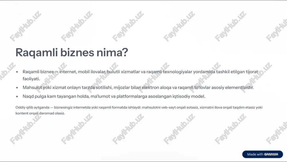 ni takomillashtirish mumkin bu afzalliklar startaplar va kichik bizneslar uchun juda mos 4 oz resurs bilan katta auditoriyaga chiqish mumkin. https://gamma.app/?utm_source=made-with-gamma raqamli biznes modellari 1 e-commerce (onlayn savdo) mahsulotlarni bevosita sotish (misol: amazon, olx) 2 freemium / subscription bepul bazaviy xizmat + pulli obuna (misol: spotify, netflix) 3 marketplace sotuvchilar va xaridorlarni birlashtirish (misol: aliexpress) 4 advertising / content kontent orqali reklama daromadi (misol: youtube, bloglar) 5 saas (software as a service) dasturiy ta'minotni obuna asosida taklif qilish (misol: slack, canva) har bir modelning o'z monetizatsiya usullari bor; boshlashdan oldin modelni aniqlab olish kerak 4 kim uchun, qanday qiymat yaratamiz va qanday pul ishlaymiz? https://gamma.app/?utm_source=made-with-gamma mashhur misollar global amazon (e-commerce) netflix (obuna) paypal (to'lovlar) coursera (onlayn ta'lim) o'zbekiston olx.uz asaxiy.uz payme click 4 mahalliy bozor talabiga mos xizmatlar yangi yulduzlar: kichik ilovalar yoki onlayn kurslar 4 tez ommalashishi mumkin. bu kompaniyalar raqamli biznesning qanday ishlashini ko'rsatadi: platformani qurish va foydalanuvchilarni …