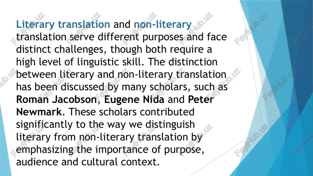 gal terms, and technical phrases must be rendered precisely to avoid miscommunication. translator’s role literary translation: the translator is seen almost as a co-creator, bringing their interpretative skills to convey the essence of the original. their choices impact the emotional and aesthetic experience of readers. non-literary translation: the translator functions as a conduit of information, emphasizing accuracy over artistry. their role is more constrained to faithfully reproduce the original content without personal interpretation. /docprops/thumbnail.jpeg