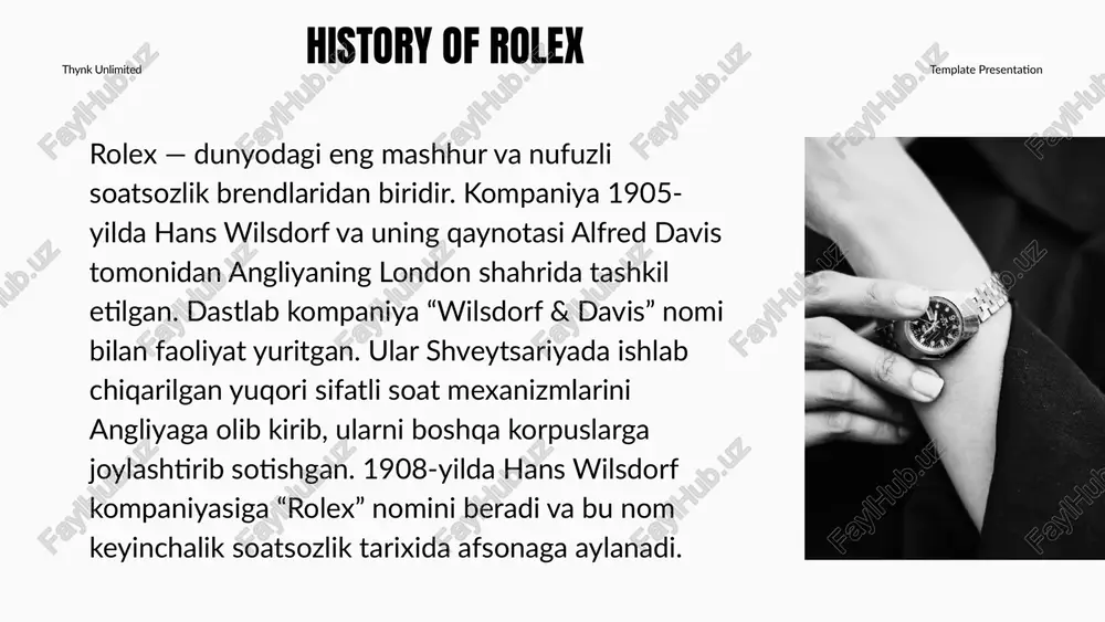 10,5–10,8 mlrd chf 1,3 million dona atrofida bozor ulushi template presentation rolex 2024-yilda global shveytsariya soat sanoatining 30–32 % ulushini egallagan. bu degani — shveytsariyada ishlab chiqarilayotgan har uchta luks soatdan bittasi rolex brendiga tegishli. eng yaqin raqobatchilar: cartier – taxminan 7–8 % bozor ulushi omega – 6–7 % audemars piguet, patek philippe, va richard mille – 3–5 % atrofida. demak, rolexning savdo hajmi boshqa brendlarnikidan bir necha baravar katta. reklama va marketing template presentation rolex dunyodagi eng nufuzli va qadrlanadigan brendlardan biri hisoblanadi. kompaniyaning reklama va marketing siyosati ham aynan shu “mukammallik” falsafasiga asoslanadi. rolex hech qachon ommaviy reklama yoki chegirmalar orqali o‘z mahsulotlarini sotmaydi. aksincha, u o‘z brendini eksklyuzivlik, sifat va prestij ramzi sifatida namoyish etadi. eslatma “rolex — bu soat emas, bu meros, vaqt va mukammallik timsoli.” template presentation image1.jpeg image2.jpeg image3.jpeg image4.jpeg /docprops/thumbnail.jpeg