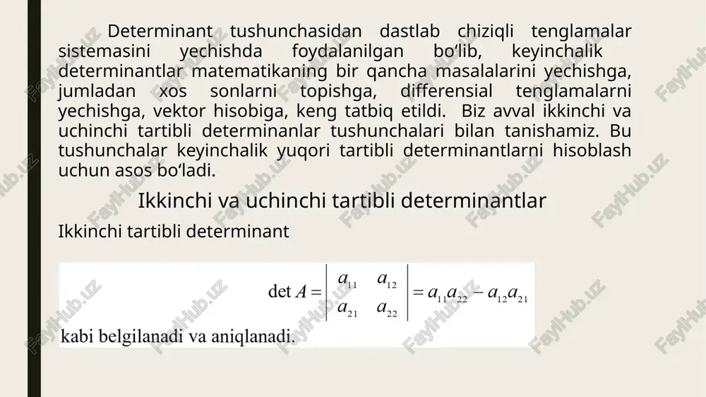 t tagiga uning birinchi ikkita satri yoziladi, 2-qoidada esa determinantning o‘ng tomoniga uning birinchi ikkita ustuni yoziladi. bunda diagonallardagi yoki diagonallarga parallel bo‘lgan to‘g‘ri chiziqlardagi elementlar uchta ko‘paytuvchini hosil qiladi. agar to‘g‘ri chiziqlar bosh diagonalga parallel bo‘lsa, u holda elementlarning ko‘paytmasi ishorasini saqlaydi. agar to‘g‘ri chiziqlar yordamchi diagonalga parallel bo‘lsa, u holda elementlarning ko‘paytmasi teskari ishora bilan olinadi. determinantning xossalari determinantning xossalari juda ko’p bo’lib 10 tani tashkil qiladi: determinantning xossalarini uchinchi tartibli determinant uchun keltiramiz. bu xossalar ixtiyoriy n- tartibli determinant uchun ham o‘rinli bo‘ladi.1-xossa. transponirlash (barcha satrlarni mos ustunlar bilan almashtirish) natijasida determinantning qiymati o‘zgarmaydi, ya’ni isboti.xossani isbotlash uchun tenglikning chap va o‘ng tomonidagi determinantlarning qiymatlarini uchburchak qoidasi orqali yozib olish va olingan ifodalarning tengligiga ishonch hosil qilish kifoya. 1-xossa satr va ustunlarning teng huquqligini belgilab beradi. boshqacha aytganda satrlar uchun isbotlangan xossalar ustunlar uchun ham o‘rinli bo‘ladi va aksincha. shu sababli keyingi xossalarni ham satrlar va ham …