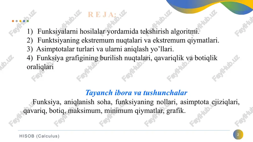 afigi koordinata oqlari bilan faqat (0;0) nuqtada kesishadi hisob (calculus) 7 4. funktsiyaning ekstremum nuqtalari va ekstremum qiymatlarini, funktsiyaning osish va kamayish oraliqlarini topish. funksiyaning hosilasi nolga teng bo‘ladigan yoki hosila mavjud bo‘lmaydigan nuqtalar kritik nuqtalar deyiladi. agar funksiya grafigi biror nuqtada kamayishdan o’sishga o’tsa, bu nuqta minimum nuqta bo’ladi. agar funksiya grafigi biror nuqtada o’sishdan kamayishga o’tsa, bu nuqta maksimum nuqta bo’ladi. funksiyaning maksimum va minimumlari funksiyaning ekstremumlari deyiladi. hisob (calculus) 8 funksiyaning monotonlik oraliqlari va ekstremumlari 1-teorema. (funksiya o‘suvchi bo‘lishining zaruriy sharti). agar (𝑎,𝑏) oraliqda, differensiallanuvchi 𝑦=𝑓(𝑥) funksiyaning hosilasi oraliqning barcha nuqtalarida manfiy bo‘lmasa, ya’ni bo‘lsa, u holda bu oraliqda funksiya o‘suvchi boladi. 2-teorema. (funksiya kamayuvchi bolishining zaruriy sharti). agar (𝑎,𝑏) oraliqda, differensiallanuvchi 𝑦=𝑓(𝑥) funksiyaning hosilasi oraliqning barcha nuqtalarida musbat bo‘lmasa, ya’ni bo‘lsa, u holda bu oraliqda funksiya kamayuvchi boladi. hisob (calculus) 9 ekst - min bizni misolda ekstremumlar bormi? hisob (calculus) 10 ===1. – og‘ma asimptota. hisob …