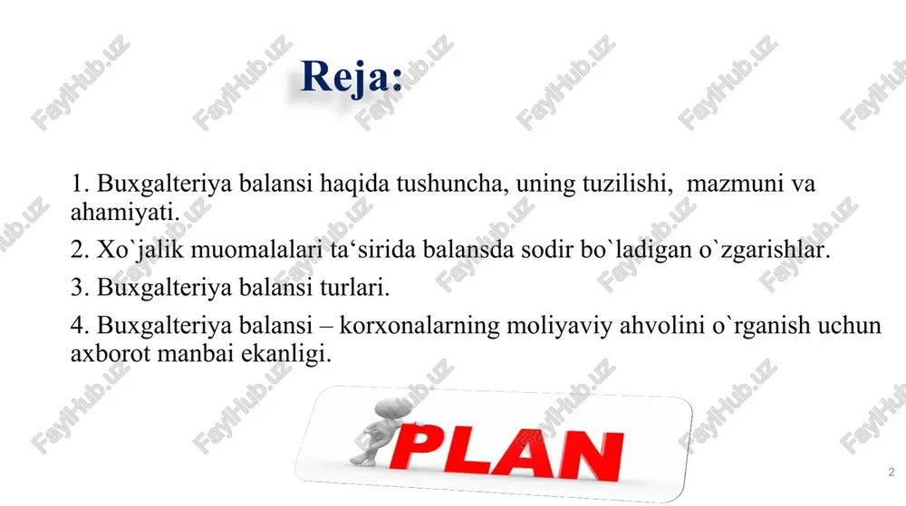 turlari (1 va 2 turdagi) aktiv ko`payish kamayish passiv ko`payish kamayish 1 5010 5110 2 6411 6710 xo'jalik operatsiyalari ta'sirida buxgalteriya balansidagi o'zgarishlar turlari misol: yetkazib beruvchilardan omborga kelib tushgan materiallar misol: etkazib beruvchiga qarzni to'lash uchun joriy hisobdan o'tkazilgan modifikatsiya - balansga ta'sir ko'rsatadigan o'zgarishlar turlari (3 va 4 turdagi) aktiv ko`payishi kamayishi passiv ko`payishi kamayishi 1010 5110 6010 6010 3 4 11 buxgalteriya balansi turlari tuzilish sanasiga ko`ra ma`lumotlarni jamlanishiga ko`ra xo`jalik yurutuvchi sub`ektlarning mulkchilik shakliga ko`ra ma`lumotlarni jamlash sikliga ko`ra tozalash usuliga ko`ra 1.kirish (ta‘sis) balansi 2.boshlangich balans 3.hisobot balansi 4.tugatish balansi 5.birlashtirish va ajratish balansi 1.yigma balans 2.alohida balans 3.konsolidatsiyalashgan balans 1.davlat byudjet muassasalar balansi 2. xo`jalik yurutuvchi sub`ektlar balansi 1.sinov balansi 2.tuzatilgan sinov balansi 3.yakuniy balans 1.balans-brutto 2.balans-netto 12 mchj afrosiyob balansi bo'luvchi balansi birlashtiruvchi balans yirik korxonani kichikroq korxonalarga bo'lish vaqtida yoki alohida tarkibiy bo'linmalar ajratilganda bir yoki bir nechta tarkibiy bo'linmalarni birlashtirish yoki …