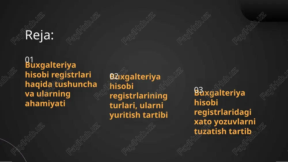 ri saklanishi mustahkam ta'minlanganligi hamda ish unumdorligini oshirish – buxgalteriya xodimlari o‘rtasida mehnat taqsimotini to‘g‘ri yo‘lga qo‘yishga xalaqit beradi – buxgalteriya daftaridan hisob registri sifatida foydalanganda, hisob ishlarini mexanizatsiyalashtirish imkoniyatlari kamayadi – buxgalteriya daftarining hajmi katta bo‘lib, tegishli varaqni topib, undan foydalanishni sekinlashtiradi – buxgalteriya daftarlari bir hisobot yili uchun mo‘ljallangan. buxgalteriya daftarining kamchiliklari : – buxgalteriya xodimlari mehnat unumdorligini oshishiga halaqit beradi buxgalteriya hisobi registrlari ularda aks ettiriladigan ma'lumotlar sintetik ma’lumotlar hisobda aks ettirishga mo’ljanlangan analitik registrlar analitik hisob ma'lumotlarini rasmiylashtirishda qo‘llanili sintetik analitik bunga jurnal-order, ro’yxat qilish misol bo’la oladi ularga «materiallar», «asosiy vositalar», «hisobdor shaxslar bilan hisob-kitoblar mashinalar va boshqa mulklar hisobi bo‘yicha yuritiladigan kartochkalar misol bo‘ladi xo‘jalik yurituvchi subyekt faoliyati bilan bog‘liq jarayonlar dastlabki hujjatlarda rasmiylashtiriladi. ushbu boshlang‘ich hujjat ham shaklan, ham mazmunan xar tomonlama tekshirilgandan so‘ng, qayta ishlanadi. dastlabki hujjat ma'lumotlari asosida, buxgalteriya registrlari to‘ldiriladi. ba'zi vaqtlarda buxgalteriya registrlari ijroiya varaqlari asosida ham rasmiylashtiriladi. bunday …
