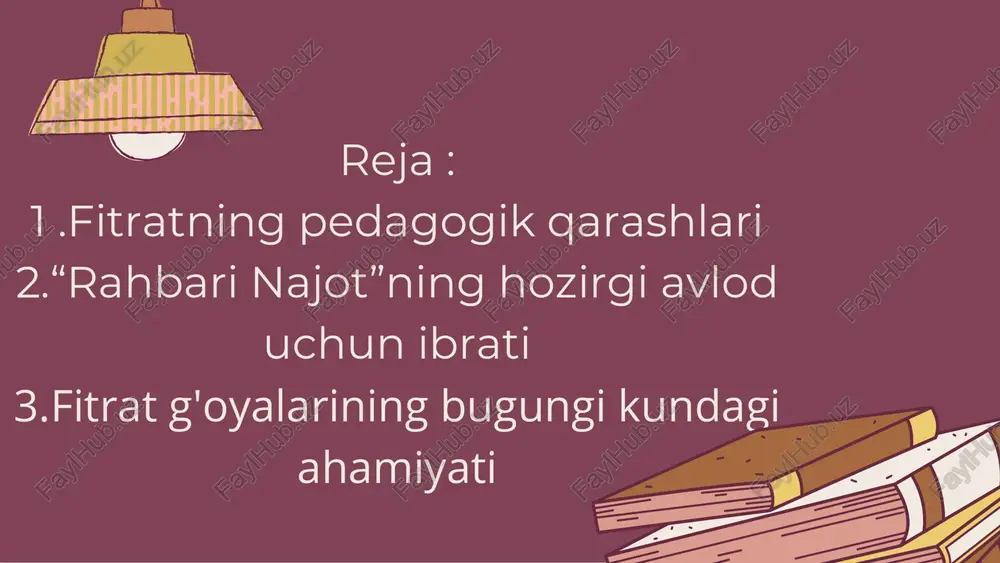 arni yoshlarni ushlab zarurligini uqtirgan. ustozlarni “millat tarbiyachisi” deb atagan fitrat, o'qituvchining bola bilimlari, balki yoshlarga namuna bo'luvchi shaxs bo'lishi ta'kidlagan. fitrat jadid maktablarini qo'llab-quvvatlagan. u eski uslubdagi madrasalarda diniy ta'lim sifatida, zamonaviy fanlardan bexabar qilinishi haqida tanqidlar bildirgan. uningcha, yangi uslubdagi maktablar orqali tabiiy fanlar, matematika, tarix, geografiya, tibbiyot kabi fanlar o'qitilishi zarur. fitrat ayollar ham ta'lim olish huquqiga ega bo'lish targ'ib qilgan. u ayolni tarbiyalagan - butun jamiyatni tarbiyalagan, degan fikrni ilgari suradifitratning eng pedagogik g'oyasi - xalqni ilm orqali tozalashish. u “munozarai ilm va jaholat” asarida jaholat va eski urf- odatlarga qarshi chiqib, ilmli kishilar jamiyatni oldinga yetaklashini ta’kidlaydi. iqtibos: "ilm - insonni odam qiladi. jaholat esa uni hayvonga aylantiradi.fitrat ustoz shaxsini muqaddas deb bilgan. uning fikricha, o'qituvchining bilimini o'rgatuvchi, balki shaxsiy namunadir. iqtibos: “millatning taqdiri muallimning qo‘lidadir”. fitrat pedagogikasida ham sharqona, ham zamonaviy (g'arbona) bilimlar uyg'unlashgan. u an'analari bilan zamonaviy ta'limni moslashtirish yo'lini izlagan.". “rahbari najot”ning …