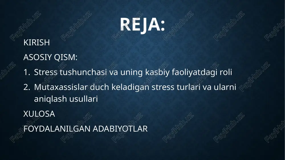 izdan chiqish, ruhiy charchash, depressiya va kasbiy kuyish (burnout) holatlariga olib keladi. shu sababli stressni shunchaki salbiy holat emas, balki insonning tashqi sharoitlarga moslashuv mexanizmi sifatida baholash zarur. kasbiy faoliyat sharoitida stress — mutaxassisning mehnat samaradorligi, motivatsiyasi va qaror qabul qilish jarayoniga bevosita ta’sir etuvchi psixologik omildir. ishdagi yuqori talablar, mas’uliyat bosimi, vaqt yetishmasligi, rahbarlik uslubi, jamoaviy muhit va raqobat kabi omillar stress manbalari hisoblanadi. dastlab, stress faoliyatni faollashtiruvchi omil bo‘lsa-da, u me’yordan oshganda charchoq, diqqat susayishi va ijodiy fikrlashning pasayishiga sabab bo‘ladi. uzoq davom etuvchi stress holati organizmning asab, yurak-qon tomir va gormonal tizimlarida disbalansni keltirib chiqaradi, bu esa ish unumdorligini pasaytiradi va shaxsning kasbiy o‘sishiga to‘sqinlik qiladi. shu bois, kasbiy stressni aniqlash, uning manbalarini tahlil qilish va boshqarish mexanizmlarini ishlab chiqish har bir mutaxassisning ruhiy barqarorligi va samarali faoliyat yuritishi uchun muhim shart hisoblanadi. asosiy qism: 2. mutaxassislar duch keladigan stress turlari va ularni aniqlash usullari mutaxassislar duch …
