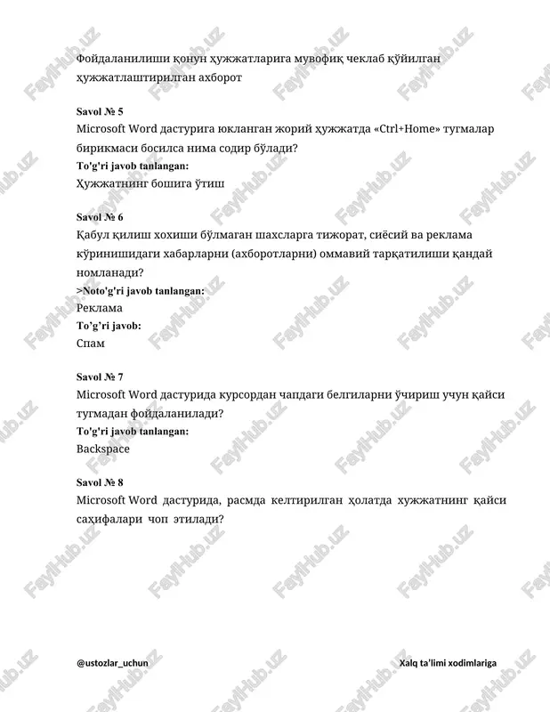 ga ega bo'lgan, ammo dasturlarni o'rnatish va operatsion tizim funktsiyalarini sozlash bo'yicha cheklovlari mavjud bo'lgan foydalanuvchi turini ko'rsating >noto'g'ri javob tanlangan: gost(mexmon) to’g’ri javob: foydalanuvchi savol № 10 rasmda tasvirlangan belgilangan yacheykalar nima deb ataladi? >noto'g'ri javob tanlangan: belgilangan jadval to’g’ri javob: yacheykalar diapazoni savol № 11 klaviaturaning qaysi tugmasi yordamida ob'ektlarni o'chirish mumkin? to'g'ri javob tanlangan: delete savol № 12 internet tarmog'iga ajratilgan liniya orqali ulanish usulini ko'rsating: to'g'ri javob tanlangan: adsl savol № 13 internet tarmog'ida real vaqtda axborotlar (xabarlar) almashish xizmati qanday ataladi? to'g'ri javob tanlangan: chat savol № 14 access ma'lumotlar bazasida qaysi ob'ektlar ma'lumotlari asosida otchet yaratiladi? >noto'g'ri javob tanlangan: jadval to’g’ri javob: · jadval · zapros savol № 15 slaydga «zagolovok i ob'ekt» maketini qo'llash unga turli ma'lumotlarni qo'shish imkonini beradi. rasmdagi qaysi belgi yordamida slaydga rasm joylashtirish mumkin (dastur kutubxonasi kollektsiyasidan emas)? >noto'g'ri javob tanlangan: 5 to’g’ri javob: 4 savol № 16 rasmda …