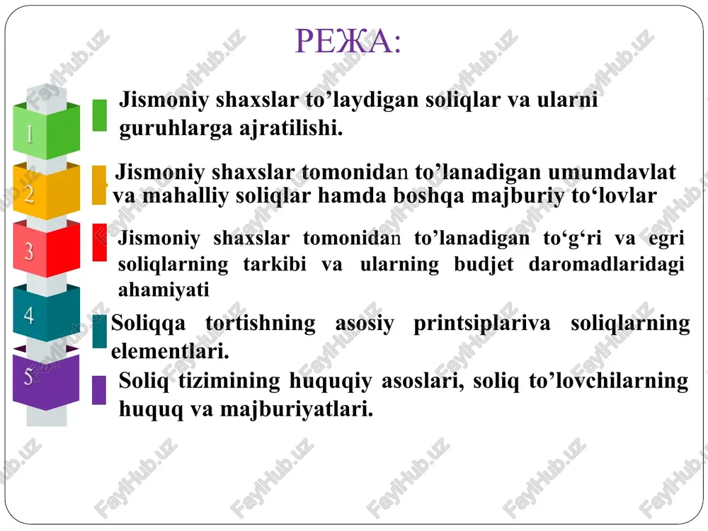 y shaxslarni soliqqa tortish. darslik. –t.: “iqtisod-moliya”, 2019. – 432 b. 2. usmanova m., soliqlar va soliqqa tortish. o‘quv qo‘llanma. – t.: “nihol – print” ok, 2021. –396 b. 3. usmanova m.s. soliqlar va soliqqa tortish (iii qism)jismoniy shaxslarni soliqqa tortish. darslik, –t.: “nihol – print” ok, 2022. – 508 b. 4. panskov v.g. nalogi i nalogooblojenie. uchebnik i praktikum dlya vuzov. . - m.: izdatelstvo yurayt.2021. - 472 s. qo‘shimcha adabiyotlar: 5. o’zbekiston respublikasining soliq kodeksi (2022-yil 27-iyuldagi o’zgarishlar bilan) https://lex.uz/ru/docs/4674893 6. jo’rayev a., safarov g’., meyliev o. soliqlar va soliqqa tortish (ii qism) soliq nazariyasi. 7. darslik. –t.: “nihol print” ok, 2021. –260 b. n.n.tyutyuryukov, v.n.tyutyuryukov. teoriya nalogov. uchebnik. - m.: prometey.2020. - 168 s. 8. usmanova m.s. jismoniy shaxslarning daromadlarini deklaratsiya usulida soliqqa tortish muammolari. monografiya. -t.: “tamaddun”, 2013 y. 144 bet. 9. http://www.mf.uz - o'zbekiston respublikasi moliya vazirligi sayti 10.http://www.soliq.uz - o'zbekiston respublikasi davlat soliq qo'mitasi …