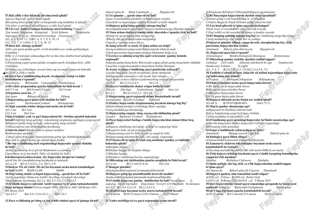 , uchki shoxlaridagi gullari ochilib turadigan o’simlik? a)ituzumb)g’o’za c)mingdevona d)gulxayri 13.qum uyumlarida o’sadigan o’simlikni belgilang? a)chinnigul, iloq b)qandim, saksovul c)nilufar, kovrak d)jumagul, izen 14.daraxtlar bir-biridan nimasi bilan farq qiladi? 1)guli va mevasi 2)ildizi 3)poyasi bo’yi, eni 4)shox-shabbasi 5)bargi 6)to’pguli a)1,3,5 b)2,4,5 c)1,2,3 d)1,3,4,5 15.bo'yi bir metrga yetadiga bir yillik o'simliklar? a)zubturum, qoqio't, sachratqi b)kanakunjut, makkajo'xori, kanop c)sabzi, sholg'om, karam d)qora , ituzum, baliqko'z 16.o’zbekistonda uchraydigan o’simliklarning yarmidan ko’prog’ini hayotiy shakliga ko’ra qaysi o’simliklar tashkil etadi? a)daraxtb)bir yillik c)ikki yillik d)ko’p yillik 17.gulli o’simliklarning xilma-xil bo’lishiga sabab nima? a)ekologik sharoit b)tuproq tarkibi c)yashash sharoiti d)iqlimi 18.gullio'simliklarqachon, qaysio'simliklardankelibchiqqan? a)140 mln ilgari ochiq urug’lilardanb)140 mln yil oldin, urug’li qirqquloqlar c)200 mln ilgari urug’li qirquloqlardand)140 mln paparotniksimonlardan 19.kuvacha qaysi o'simlikning ikkinchi nomi? a)droserab)suv qaroqchisi c)jumaguld)nepentes 20. shox-shabbasi sharsimon bo’lgan o’simliklar? a)sada qayrag’och va majnuntol b)terak va qayrag’och c)olma va o’rik d)nastarin va nok 21.ikki yillik o’tlar birinchi yili nima hosil qiladi? a)poya chiqaradi, gullab …