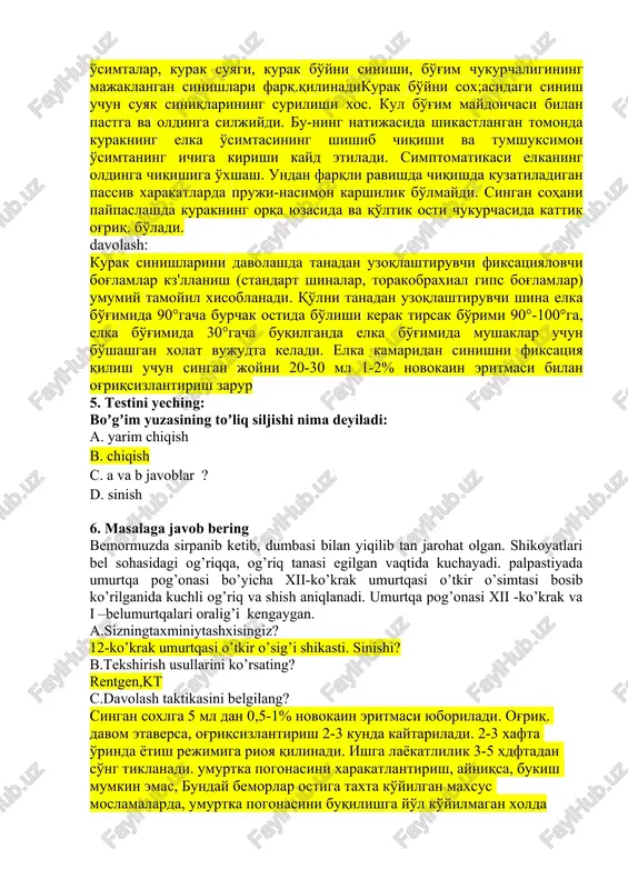 k tanasi va burchaklari, elka va tumshuksimon o'simtalar, kurak suyagi, kurak bo'yni sinishi, bo'g'im chukurchaligining majaklangan sinishlari farq.qilinadikurak bo'yni sox;asidagi sinish uchun suyak siniqlarining surilishi xos. kul bo'g'im maydonchasi bilan pastga va oldinga siljiydi. bu-ning natijasida shikastlangan tomonda kurakning elka o'simtasining shishib chiqishi va tumshuksimon o'simtaning ichiga kirishi kayd etiladi. simptomatikasi elkaning oldinga chiqishiga o'xshash. undan farqli ravishda chiqishda kuzatiladigan passiv xarakatlarda pruji-nasimon karshilik bo'lmaydi. singan sohani paypaslashda kurakning orqa yuzasida va qo'ltik osti chukurchasida kattik og'riq. bo'ladi. davolash: kurak sinishlarini davolashda tanadan uzoqlashtiruvchi fiksatsiyalovchi bog'lamlar kz'llanish (standart shinalar, torakobraxial gips bog'lamlar) umumiy tamoyil xisoblanadi. qo'lni tanadan uzoqlashtiruvchi shina elka bo'g'imida 90°gacha burchak ostida bo'lishi kerak tirsak bo'rimi 90°-100°ga, elka bo'g'imida 30°gacha buqilganda elka bo'g'imida mushaklar uchun bo'shashgan xolat vujudta keladi. elka kamaridan sinishni fiksatsiya qilish uchun singan joyni 20-30 ml 1-2% novokain eritmasi bilan og'riqsizlantirish zarur 5. testini yeching: boʼgʼim yuzasining toʼliq siljishi nima deyiladi: a. yarim chiqish b. …