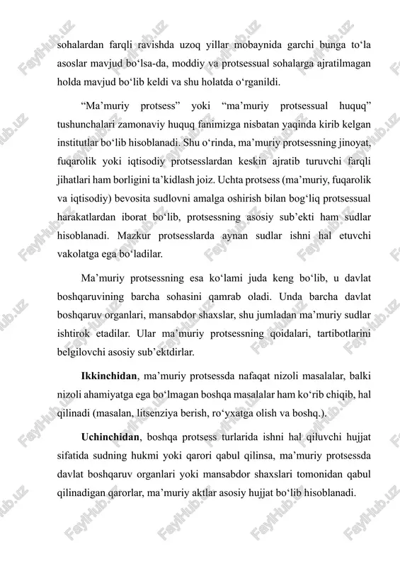 k yoki iqtisodiy protsesslardan keskin ajratib turuvchi farqli jihatlari ham borligini ta’kidlash joiz. uchta protsess (ma’muriy, fuqarolik va iqtisodiy) bevosita sudlovni amalga oshirish bilan bog‘liq protsessual harakatlardan iborat bo‘lib, protsessning asosiy sub’ekti ham sudlar hisoblanadi. mazkur protsesslarda aynan sudlar ishni hal etuvchi vakolatga ega bo‘ladilar. ma’muriy protsessning esa ko‘lami juda keng bo‘lib, u davlat boshqaruvining barcha sohasini qamrab oladi. unda barcha davlat boshqaruv organlari, mansabdor shaxslar, shu jumladan ma’muriy sudlar ishtirok etadilar. ular ma’muriy protsessning qoidalari, tartibotlarini belgilovchi asosiy sub’ektdirlar. ikkinchidan, ma’muriy protsessda nafaqat nizoli masalalar, balki nizoli ahamiyatga ega bo‘lmagan boshqa masalalar ham ko‘rib chiqib, hal qilinadi (masalan, litsenziya berish, ro‘yxatga olish va boshq.). uchinchidan, boshqa protsess turlarida ishni hal qiluvchi hujjat sifatida sudning hukmi yoki qarori qabul qilinsa, ma’muriy protsessda davlat boshqaruv organlari yoki mansabdor shaxslari tomonidan qabul qilinadigan qarorlar, ma’muriy aktlar asosiy hujjat bo‘lib hisoblanadi. to‘rtinchidan. ma’muriy protsessda buzilgan huquqlarni tiklash yoki himoya qilish nafaqat sud tartibida, …