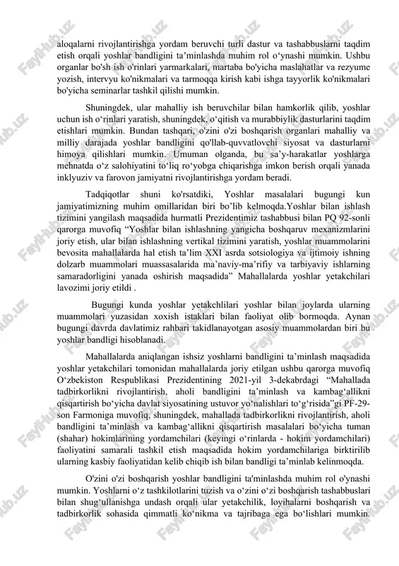sari harakat qilish imkonini berish orqali ular tashqi hokimiyatlar yoki boshqaruvning anʼanaviy shakllari tomonidan yetarlicha hal etilmagan muammolarni hal qilishlari mumkin. o’zini-oʻzi boshqarish organlari barcha shaxslar oʻz hayoti va jamiyatlariga taʼsir koʻrsatadigan muhim qarorlar qabul qilishda oʻz soʻzini va oʻz fikrini bildirishini taʼminlashning muhim vositasidir. yoshlar tashkilotlari kabi oʻzini oʻzi boshqarish organlari yoshlarga bandlikni taʼminlash va saqlab qolish uchun zarur boʻlgan koʻnikma, bilim va aloqalarni rivojlantirishga yordam beruvchi turli dastur va tashabbuslarni taqdim etish orqali yoshlar bandligini taʼminlashda muhim rol oʻynashi mumkin. ushbu organlar bo'sh ish o'rinlari yarmarkalari, martaba bo'yicha maslahatlar va rezyume yozish, intervyu ko'nikmalari va tarmoqqa kirish kabi ishga tayyorlik ko'nikmalari bo'yicha seminarlar tashkil qilishi mumkin. shuningdek, ular mahalliy ish beruvchilar bilan hamkorlik qilib, yoshlar uchun ish o‘rinlari yaratish, shuningdek, o‘qitish va murabbiylik dasturlarini taqdim etishlari mumkin. bundan tashqari, o'zini o'zi boshqarish organlari mahalliy va milliy darajada yoshlar bandligini qo'llab-quvvatlovchi siyosat va dasturlarni himoya qilishlari mumkin. umuman olganda, …