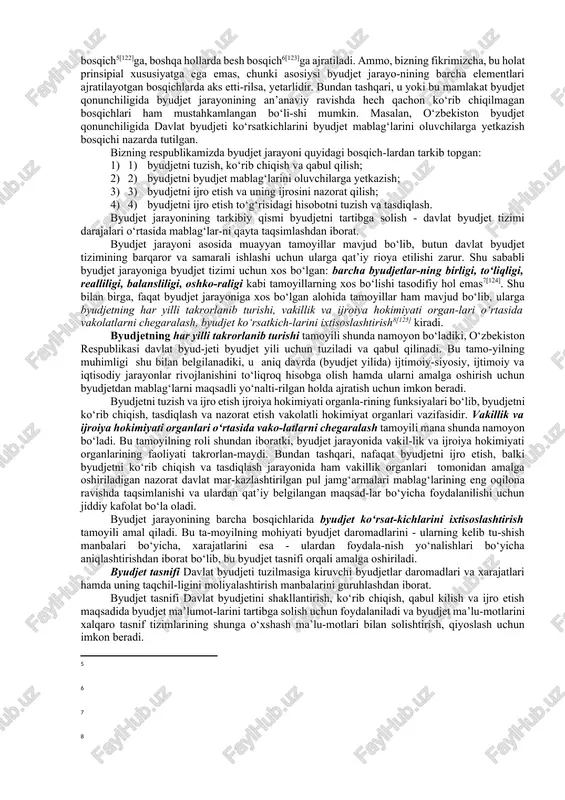 ijro etishni tartibga so-ladi. gap o‘zbekiston respublikasi davlat byudjetini tuzish va ijro etish qoidalari to‘g‘risida ketayapti. davlat byudjeti bir xil bo‘lgan, doimiy yangilanib boruvchi shakllanish va ijro etish bosqichlarini davriy ravishda o‘tib boradi. byudjet davriyligi uning byudjet to‘g‘risidagi huquqiy hujjat qabul qilingan muddat davomida amal qiladi, bu muddat tugaganidan so‘ng keyingi muddat uchun byudjet to‘g‘risidagi yangi hujjat qabul qilinadi. byudjet to‘g‘risida chiqarilgan hujjat amal qilgan muddat bir yil[footnoteref:1][118]ni tashkil etadi va u byudjet yili[footnoteref:2][119] deb ataladi. [1: ] [2: ] bizning mamlakatimizda byudjet yili kalendar yilga to‘g‘ri keladi, ya’ni u 1 yanvardan boshlanib, 31 dekabrda tugaydi. turli davlatlarda parlament sessiyalarining har xil vaqtda o‘tkazi-lishi natijasidagi farqlar, tarixiy an’analar va boshqa sa-bablarga ko‘ra byudjet yili bir xil boshlanmaydi. masalan, u fransiya, germaniya, italiya, belgiyada - 1 yanvardan, buyuk bri-taniya, yaponiya, kanadada - 1 apreldan, shvesiya, norvegiya, po-kistonda - 1 iyuldan, aqshda - 1 oktyabrdan boshlanadi[footnoteref:3][120]. [3: ] byudjet yili tushunchasi bilan …