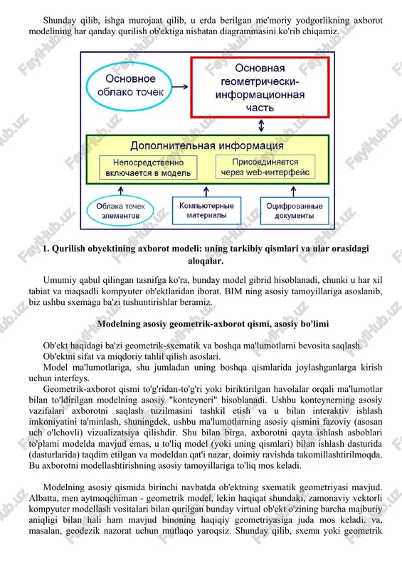 delining har qanday qurilish ob'ektiga nisbatan diagrammasini ko'rib chiqamiz. 1. qurilish obyektining axborot modeli: uning tarkibiy qismlari va ular orasidagi aloqalar. umumiy qabul qilingan tasnifga ko'ra, bunday model gibrid hisoblanadi, chunki u har xil tabiat va maqsadli kompyuter ob'ektlaridan iborat. bim ning asosiy tamoyillariga asoslanib, biz ushbu sxemaga ba'zi tushuntirishlar beramiz. modelning asosiy geometrik-axborot qismi, asosiy bo'limi ob'ekt haqidagi ba'zi geometrik-sxematik va boshqa ma'lumotlarni bevosita saqlash. ob'ektni sifat va miqdoriy tahlil qilish asoslari. model ma'lumotlariga, shu jumladan uning boshqa qismlarida joylashganlarga kirish uchun interfeys. geometrik-axborot qismi to'g'ridan-to'g'ri yoki biriktirilgan havolalar orqali ma'lumotlar bilan to'ldirilgan modelning asosiy "konteyneri" hisoblanadi. ushbu konteynerning asosiy vazifalari axborotni saqlash tuzilmasini tashkil etish va u bilan interaktiv ishlash imkoniyatini ta'minlash, shuningdek, ushbu ma'lumotlarning asosiy qismini fazoviy (asosan uch o'lchovli) vizualizatsiya qilishdir. shu bilan birga, axborotni qayta ishlash asboblari to'plami modelda mavjud emas, u to'liq model (yoki uning qismlari) bilan ishlash dasturida (dasturlarida) taqdim etilgan va modeldan …