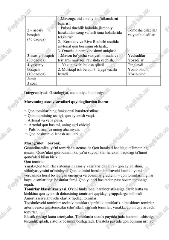 ial qon bosimini olchash.. 3. ortacha dinamik bosimni aniqlash tomosha qiladilar va yozib oladilar. 3-asosiy bosqich (30 daqiqa) 1.mavzu bo’yicha vaziyatli masala va testlarni mustaqil ravishda yechish. yechadilar yozadilar. 4-yakuniy bosqich (10 daqiqa) 1. yakunlovchi hulosa qiladi. 2. mustaqil ish beradi.3. uyga vazifa beradi. tinglaydi. yozib oladi. yozib oladi. jami: 3 soat integrastiyasi: gistologiya, anatomiya, biohimiya. mavzuning asosiy savollari quyidagilardan iborat: qon tomirlarining funksional harakteristikasi qon oqimining tezligi, qon aylanish vaqti. arterial va vena pulsi. arterial qon bosimi, uning egri chizigi puls bosimi va uning ahamiyati. qon bosimini o`lchash usullari. mashg’ulot bayoni:. gemodinamika, ya'ni tomirlar sistemasida qon harakati haqidagi ta'limotning muxim qono'nlari gidrodinamika, ya'ni suyuqliklar harakati haqidagi ta'limot qono'nlari bilan bir xil. qon tomirlar yurak-qon tomirlar sistemasini asosiy vazifalaridan biri – qon aylanishini, sirkulyasiyasini ta'minlaydi. qon oqimini harakatlantiruvchi kuchi – yurak yordamida hosil bo'ladigan energiya va bosimlar gradienti – qon tomirlarning har kaysi qismlaridagi bosimlar farqi. qon yuqori bosimdan past …