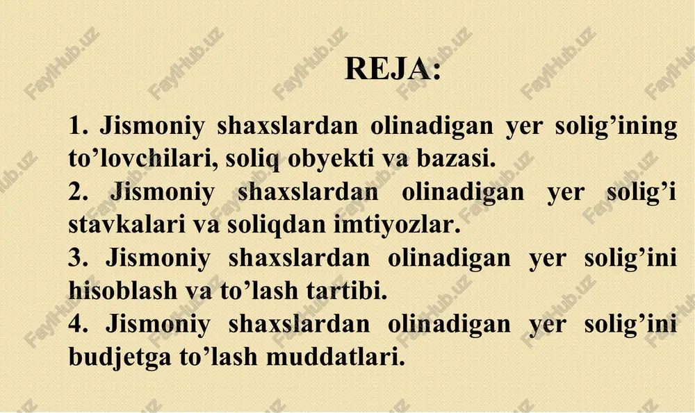 shaxs tashkil etgan yoki etmagan holdagi dehqon xo’jaliklari jismoniy shaxslardan olinadigan yer solig’ini soliq to’lovchilari deb e’tirof etiladi. o’zbekiston respublikasi vazirlar mahkamasi, qoraqalpog’iston respublikasi vazirlar kengashi, mahalliy davlat hokimiyati organlari tomonidan ijaraga berilgan er uchastkalari uchun to’lanadigan ijara to’lovi er solig’iga tenglashtiriladi. yer uchastkalarini ijaraga olgan jismoniy shaxslarga nisbatan jismoniy shaxslardan olinadigan yer solig’ini to’lovchilar uchun belgilangan soliq stavkalari, soliq imtiyozlari, soliqni hisoblab chiqarish va to’lash tartibi tatbiq etiladi. 7 uy-joy, yashash uchun mo’ljallanmagan imoratlar va inshootlar meros bo’yicha o’tishi bilan birgalikda mulk huquqi, egalik qilish va foydalanish huquqi o’tgan yer uchastkalari uchun yer solig’i meros qoldiruvchining soliq majburiyatlarini inobatga olgan holda merosxo’rlardan undiriladi. 8 quyidagi yer uchastkalari jismoniy shaxslardan olinadigan yer solig’ining soliq solish ob’ektidir: 1) dehqon xo’jaligini yuritish uchun meros qilib qoldiriladigan umrbod egalik qilishga berilgan yer uchastkalari; 2) yakka tartibda uy-joy qurilishi uchun meros qilib qoldiriladigan umrbod egalik qilishga berilgan yer uchastkalari; 3) jamoa bog’dorchiligi, uzumchiligi va …