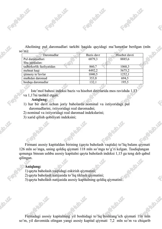 iq balans qiymati 126 mln so’mga, uning qoldiq qiymati 118 mln so’mga to’g’ri kelgan. tasdiqlangan qonunga binoan ushbu asosiy kapitalni qayta baholash indeksi 1,15 ga teng deb qabul qilingan. aniqlang: 1) qayta baholash vaqtidagi eskirish qiymatini; 2) qayta baholash natijasida to’liq tiklash qiymatini; 3) qayta baholash natijasida asosiy kapitalning qoldiq qiymatini. firmadagi asosiy kapitalning yil boshidagi to’liq boshlang’ich qiymati 116 mln so’m, yil davomida olingan yangi asosiy kapital qiymati 7,2 mln so’m va chiqarib yuborilgan asosiy kapitalning to’la boshlang’ich qiymati 4 mln so’m, qoldiq qiymati 0,8 mln so’mni tashkil qiladi. asosiy kapitalning yil boshiga eskirish darajasi 18%, yillik amortizatsiya normasi 13%. aniqlang: 1) asosiy kapitalning yangilanish koeffitsiyentini; 2) asosiy kapitalning chiqib ketish koeffitsiyentini; 3) asosiy kapitalning yaroqlilik koeffitsiyentini (yil boshiga va oxiriga). 1-masala bank 270 mln.so’m kredit berdi. foiz stavkasi 27%, kredit muddati 5 yil. kontrakt sharti bo’yicha asosiy qarz summasi teng badallar bilan qoplanadi, foizlar ustamasi yil oxirida yoziladi. …