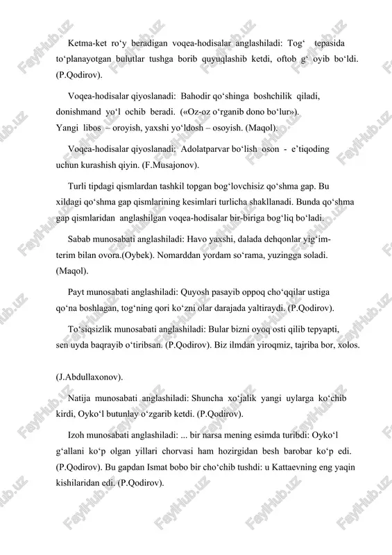 yangi libos – oroyish, yaxshi yo‘ldosh – osoyish. (maqol). voqea-hodisalar qiyoslanadi: adolatparvar bo‘lish oson - e’tiqoding uchun kurashish qiyin. (f.musajonov). turli tipdagi qismlardan tashkil topgan bog‘lovchisiz qo‘shma gap. bu xildagi qo‘shma gap qismlarining kesimlari turlicha shakllanadi. bunda qo‘shma gap qismlaridan anglashilgan voqea-hodisalar bir-biriga bog‘liq bo‘ladi. sabab munosabati anglashiladi: havo yaxshi, dalada dehqonlar yig‘im- terim bilan ovora.(oybek). nomarddan yordam so‘rama, yuzingga soladi. (maqol). payt munosabati anglashiladi: quyosh pasayib oppoq cho‘qqilar ustiga qo‘na boshlagan, tog‘ning qori ko‘zni olar darajada yaltiraydi. (p.qodirov). to‘siqsizlik munosabati anglashiladi: bular bizni oyoq osti qilib tepyapti, sen uyda baqrayib o‘tiribsan. (p.qodirov). biz ilmdan yiroqmiz, tajriba bor, xolos. (j.abdullaxonov). natija munosabati anglashiladi: shuncha xo‘jalik yangi uylarga ko‘chib kirdi, oyko‘l butunlay o‘zgarib ketdi. (p.qodirov). izoh munosabati anglashiladi: ... bir narsa mening esimda turibdi: oyko‘l g‘allani ko‘p olgan yillari chorvasi ham hozirgidan besh barobar ko‘p edi. (p.qodirov). bu gapdan ismat bobo bir cho‘chib tushdi: u kattaevning eng yaqin kishilaridan edi. (p.qodirov). …