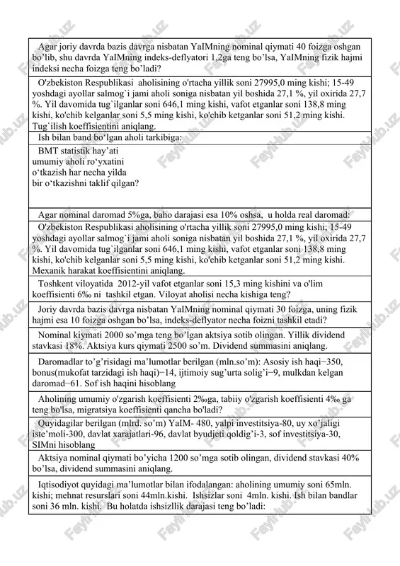 qaysi yosh tarkibi tashkil etadi? agar joriy davrda bazis davrga nisbatan yaimning nominal qiymati 40 foizga oshgan bo’lib, shu davrda yaimning indeks-deflyatori 1,2ga teng bo’lsa, yaimning fizik hajmi indeksi necha foizga teng bo’ladi? o'zbekiston respublikasi aholisining o'rtacha yillik soni 27995,0 ming kishi; 15-49 yoshdagi ayollar salmog`i jami aholi soniga nisbatan yil boshida 27,1 %, yil oxirida 27,7 %. yil davomida tug`ilganlar soni 646,1 ming kishi, vafot etganlar soni 138,8 ming kishi, ko'chib kelganlar soni 5,5 ming kishi, ko'chib ketganlar soni 51,2 ming kishi. tug`ilish koeffisientini aniqlang. ish bilan band bo‘lgan aholi tarkibiga: bmt statistik hay’ati umumiy aholi ro‘yxatini o‘tkazish har necha yilda bir o‘tkazishni taklif qilgan? agar nominal daromad 5%ga, baho darajasi esa 10% oshsa, u holda real daromad: o'zbekiston respublikasi aholisining o'rtacha yillik soni 27995,0 ming kishi; 15-49 yoshdagi ayollar salmog`i jami aholi soniga nisbatan yil boshida 27,1 %, yil oxirida 27,7 %. yil davomida tug`ilganlar soni 646,1 ming …