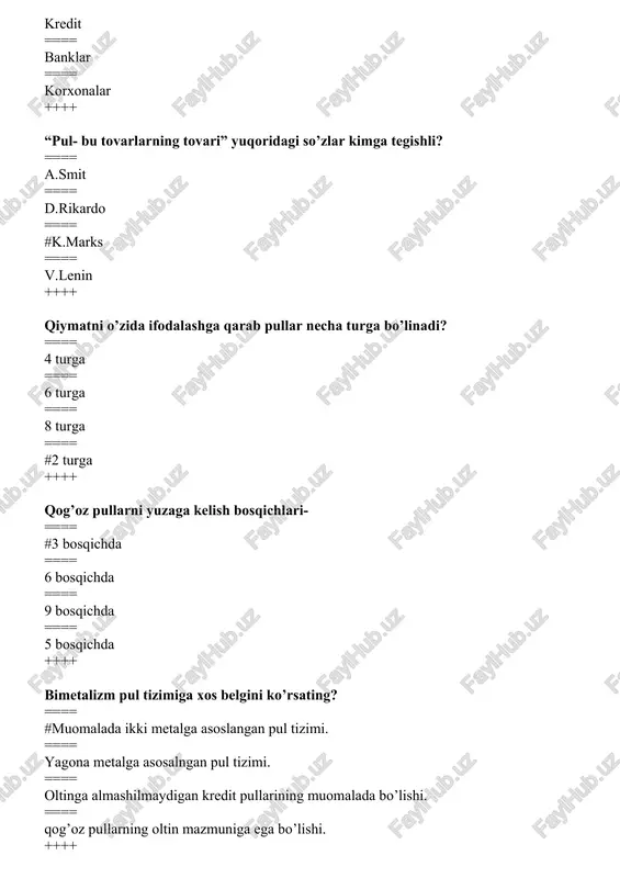 bo’lishi. ++++ pulning funktsiyalarini sanab o’ting ==== #muomala vositasi ==== qimmat o’lchovi ==== harid vositasi ==== sarflash vositasi ++++ quyidagilardan qaysi biri pulning barcha tovarlarning qiymatini o’lchaydi va ularning bahosini aniqlashda vositachi bo’lib xizmat qiladi? ==== muomala vositasi ==== #qiymat o’lchovi ==== to’lov vositasi ==== jamg’arma vositasi ++++ pul yordamida tovar o’zining pul qiymatiga ayirbosh qilinadigan funktsiya qaysi? ==== #muomala vositasi ==== qiymat o’lchovi ==== to’lov vositasi ==== jamg’arma vositasi ++++ muomala vositasi funktsiyasining xususiyatlarini keltiring ==== tovar sotuvchi va tovar sotib oluvchi o’rtasidagi munosabat boshlanadi va tomonlar tovarga yoki pulga ega bo’ladilar ==== tovar va pul birbiriga paralel, bir traektoriyada harakat qiladi ==== #tovar va pul harakati bir vaqtda yuzaga keladi ==== bu funktsiyani, naqd bo’lmagan pullar xam bajaradi ++++ tovarlar kreditga sotilganda pul tovarning baxosini aniqlashda qanday funktsiyani bajaradi? ==== muomala vositasi ==== qiymat o’lchovi ==== #to’lov vositasi ==== jamg’arma vositasi ++++ pulning bu funktsiyasi sotish va sotib …