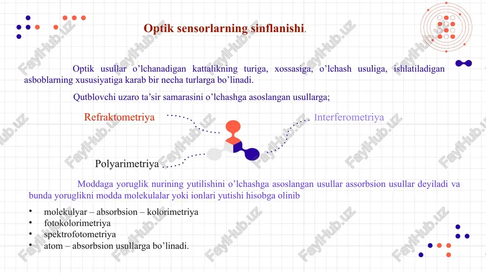 radi. yorug‘lik yutilganda atom yoki molekula ichki energiyasi normal e0 darajadan yanada yuqori et gacha sakrab oshadi. yutilgan energiya kattaligi yorug‘lik chastotasiga proporsionaldir: e2-e1 = hv, optik sensorlarning oziq-ovqat mahsulotlari analizida qo’llanilishi absorbsion spektroskopiya oziq-ovqat mahsulotlarini tadqiq etishda keng qo’llaniladi: mahsulotlardagi yog’larni oksidlanganlik darajasini aniqlash; pektin moddalarni aniqlash; o ‘simlik mahsulotlaridagi fenol birikmalarni aniqlash; choy, kakao, qahvada kofeinni aniqlash; go‘shtda qaytarilgan, oksidlangan va gidrooksidlangan mioglobin shaklini aniqlash. spektrofotometrik usul oziq-ovqat mahsulotlaridagi og‘ir metallarni aniqlashda ham foydalaniladi. ammo usul tahlilni uzoq davom etishi, ko‘p operatsiyalarni o ‘tkazilishi, foydalaniladigan reaktivlami ko‘p miqdordaligi bilan farqlanib turadi. yuqorida sanab o‘tilgan tahlil usullari mahsulotlarda aniqlanishi nazarda tutilgan birikmalarni (yog‘larni ikkilamchi oksidlanish mahsulotlari, pektin moddalari, fenollar) boshqa kimyoviy birikmalar bilan bo‘yalgan kimyoviy birikmalar hosil qilishiga asoslangan. o’lchash natijalari ko‘pincha bo'yalgan birikmalar eritmalarini nisbiy optik zichlik birliklarida ifodalanadi. ba’zi tahlil usullarida moddalar miqdori oldindan tuzilgan darajalangan grafik asosida hisoblanadi. ko‘rinadigan va ultrabinafsha sohalarda tahlillar olib borishda kuchli …