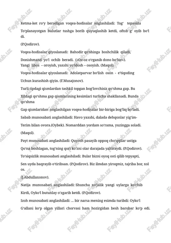 bos – oroyish, yaxshi yo‘ldosh – osoyish. (maqol). voqea-hodisalar qiyoslanadi: adolatparvar bo‘lish oson - e’tiqoding uchun kurashish qiyin. (f.musajonov). turli tipdagi qismlardan tashkil topgan bog‘lovchisiz qo‘shma gap. bu xildagi qo‘shma gap qismlarining kesimlari turlicha shakllanadi. bunda qo‘shma gap qismlaridan anglashilgan voqea-hodisalar bir-biriga bog‘liq bo‘ladi. sabab munosabati anglashiladi: havo yaxshi, dalada dehqonlar yig‘im- terim bilan ovora.(oybek). nomarddan yordam so‘rama, yuzingga soladi. (maqol). payt munosabati anglashiladi: quyosh pasayib oppoq cho‘qqilar ustiga qo‘na boshlagan, tog‘ning qori ko‘zni olar darajada yaltiraydi. (p.qodirov). to‘siqsizlik munosabati anglashiladi: bular bizni oyoq osti qilib tepyapti, sen uyda baqrayib o‘tiribsan. (p.qodirov). biz ilmdan yiroqmiz, tajriba bor, xolos. (j.abdullaxonov). natija munosabati anglashiladi: shuncha xo‘jalik yangi uylarga ko‘chib kirdi, oyko‘l butunlay o‘zgarib ketdi. (p.qodirov). izoh munosabati anglashiladi: ... bir narsa mening esimda turibdi: oyko‘l g‘allani ko‘p olgan yillari chorvasi ham hozirgidan besh barobar ko‘p edi. (p.qodirov). bu gapdan ismat bobo bir cho‘chib tushdi: u kattaevning eng yaqin kishilaridan edi. (p.qodirov). shart …