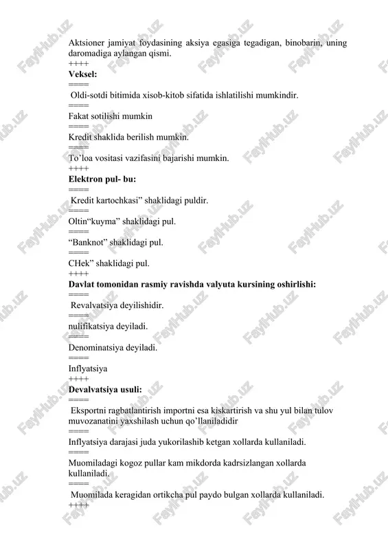 kcha pul paydo bulgan xollarda kullaniladi. ++++ inflyatsiya deganda: ==== muomilada keragidan ortikcha pulning paydo bulishi.narx-navo usib ketishi tushuniladi.pulning kadr-qiymati va xarid kobiliyatining pasayishi tushuniladidir. ==== tovarlar soni oshib ketadi ==== oltin narxi pasayadi ==== pul kiymati balandlanadi ++++ kuyidagi kayd etilganlarning qaysi biri inflyatsiyani vududga keltiruvchi sabablar xisoblanadi: ==== davlat byudjeti tinchligi.kreditning xaddan tashkari rivojlanib ketishi.mamlakat tulov balansining passiv bulishidir. ==== tulov balansining ortishi ==== kimmatli kogozlar indeksi tushishi ==== pul massasi ozayishi ++++ ortikcha taklif tahsiri ostida vujudga kelgan inflyatsiya odatda: ==== maxsulot birligiga ketgan xarajatlarning ortishi okibatida sodir bo’lishidir ==== muomaladagi tovarlarning jami talabdan orkada kolishi okibatida sodir bo’ladi ==== muomaladagi xizmatlarning jami talabdan orkada kolishi okibatida sodir bo’ladi ==== muomaladagi tovarlar va xizmatlarning talabdan orkada kolishi narxning oshishi okibatida sodir buladi ++++ inflyatsiya sharoitida: ==== bu to’lov balansi taxminlik tomon o’rmalashidir. ==== karz berganlar yutsa, karz olganlar yutkazadi ==== pulga tenglashtirilgan kogozlar, sugurta polislari, aksiyalar, obligatsiyalar, …