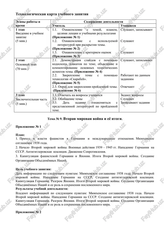 ektsiya, opros, mozgovoy shturm, rabota v malix gruppax, texnologiya «skarabey». forma obucheniya kollektivnoe, v malix gruppax sredstva obucheniya kurs lektsiy, posobie, kodoskop, slaydi, plakati, marker, doska, razdatochnie materiali monitoring i otsenka kontrolnie voprosi, ustniy opros texnologicheskaya karta uchebnogo zanyatiya etapi raboti i vremya soderjanie deyatelnosti uchitel uchashiesya 1 etap vvedenie v uchebnoe zanyatie (5 min.) 1.1. oznakomlenie s temoy, planom, tselyami lektsii i uchebnimi rezultatami (prilojenie № 1) 1.2. oznakomlenie s ispolzuemoy literaturoy pri raskritii temi. (prilojenie № 2) 1.3. oznakomlenie s kriteriem otsenok (prilojenie № 3) slushayut, zapisivayut slushayut slushayut 2 etap osnovnoy etap (70 min.) 2.1. demonstratsiya slaydov s pomoshyu kodoskopa, plakatov po teme, ob'yasnenie i kommentirovanie osnovnix teoreticheskix aspektov temi. (prilojenie № 4) 2.2. zakreplenie temi s pomoshyu texnologii «skarabey». (prilojenie № 5) 2.3. opros dlya zakrepleniya proydennoy temi. (prilojenie № 6) slushayut, zapisivayut rabotayut po dannim zadaniyam otvechayut 3 etap zaklyuchitelnaya chast (5 min.) 3.1. otvechat …