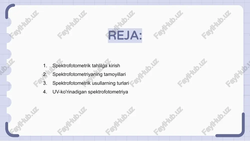 alanadi. floresan spektroskopiyasi ham mashhur usul bo'lib, yorug'likning ma'lum bir to'lqin uzunligi bilan qo'zg'atilganidan keyin namuna tomonidan yorug'lik chiqarishni o'z ichiga oladi. uv-ko'rinadigan spektrofotometriya uv-ko'rinadigan spektrofotometriya - ultrabinafsha va ko'rinadigan yorug'likni singdirish asosida birikmalarni tahlil qilish uchun keng qo'llaniladigan usul. usul namunali eritma orqali yorug'lik nurini o'tkazish va turli to'lqin uzunliklarida so'rilgan yorug'lik miqdorini o'lchashni o'z ichiga oladi. namunaning assimilyatsiya spektrini ma'lum standartlar bilan taqqoslash orqali tadqiqotchilar eritmada mavjud bo'lgan birikmalarni aniqlashlari va miqdorini aniqlashlari mumkin. infraqizil spektrofotometriya infraqizil spektrofotometriya - bu moddalarning kimyoviy tarkibini ularning infraqizil nurlanish bilan o'zaro ta'siri asosida tahlil qilish uchun ishlatiladigan usul. u infraqizil nurlarning yutilishi, emissiyasi yoki tarqalishini o'lchaydi. ushbu usul odatda kimyo, farmatsevtika va atrof-muhitni tekshirishda infraqizil yutilish spektrlari asosida birikmalarni aniqlash va miqdorini aniqlash uchun ishlatiladi. u buzilmaydigan va ko'p qirrali bo'lib, uni qimmatli tahliliy vositaga aylantiradi. infraqizil spektrofotometriya molekulyar tuzilish, funktsional guruhlar va birikmalardagi kimyoviy bog'lanish haqida qimmatli ma'lumotlarni taqdim etishi …