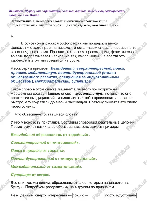 ro v finlyandii), man'yosyu (antologiya drevneyaponskoy poezii). primechanie. v etom sluchae razdelitelniy ' vozmojen takje i pered bukvoy i, napr.: dzyun'itiro (yaponskoe imya). vo vsex sluchayax, krome ukazannix vishe, posle soglasnix pered bukvami ya, yu, yo, e, i, peredayushimi sochetaniya [j] s glasnimi, pishetsya razdelitelniy . primeri: ya: dyavol, yudyachiy, obezyana, bilyard, semya, pyaniy, kolosya, nichya, pastushya, lukyan; yu: vyun, intervyu, lyut, semyu, pyu, risyu, pyatyudesyatyu, shyu, fyut (mejdometie); yo : solovyom, rujyo, pyot, voronyo, seryozniy, jityo, chyo, shyom; e: premera, pesa, kurer, konferanse, varene, zatishe, vetnam, fure; i: vorobiniy, solovi, oladi, medveji, varirovat, stati, chi, vini. primechanie. v nekotorix slovax inoyazichnogo proisxojdeniya razdelitelniy pishetsya pered o (v slovax bulon, gilotina i dr.). 2. v osnovnom v russkoy orfografii mi priderjivaemsya fonematicheskogo pravila pisma, to est pishem slova, opirayas na to, kak viglyadit fonema. pravilo, kotoroe mi rassmotrim, foneticheskoe, to est podrazumevaet napisanie tak, kak slishim. ne vsegda eto udobno, …