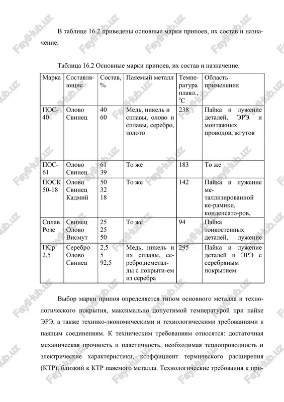 naznachenie. marka sostavlya-yushie sostav, % payaemiy metall tempe-ratura plavl., 0s oblast primeneniya pos-40 olovo svinets 40 60 med, nikel i splavi, olovo i splavi, serebro, zoloto 238 payka i lujenie detaley, ere i montajnix provodov, jgutov pos-61 olovo svinets 61 39 to je 183 to je posk 50-18 olovo svinets kadmiy 50 32 18 to je 142 payka i lujenie me-tallizirovannoy ke-ramiki, kondensato-rov, ere, chuvstvi-telnix k peregrevu splav roze svinets olovo vismut 25 25 50 to je 94 payka tonkostennix detaley, lujenie pe-chatnix provodnikov psr 2,5 serebro olovo svinets 2,5 5 92,5 med, nikel i ix splavi, se-rebro,nemetal-li s pokriti-em iz serebra 295 payka i lujenie detaley i ere s serebryanim pokritiem vibor marki pripoya opredelyaetsya tipom osnovnogo metalla i texno-logicheskogo pokritiya, maksimalno dopustimoy temperaturoy pri payke ere, a takje texniko-ekonomicheskimi i texnologicheskimi trebovaniyami k payanim soedineniyam. k texnicheskim trebovaniyam otnosyatsya: dostatochnaya mexanicheskaya prochnost i plastichnost, neobxodimaya teploprovodnost i elektricheskie …