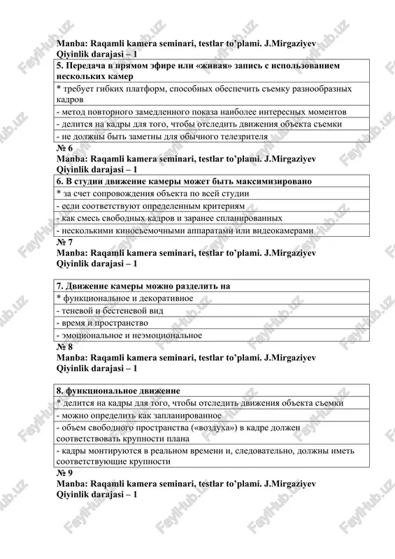 ee splanirovannix - neskolkimi kinos'emochnimi apparatami ili videokamerami № 7 manba: raqamli kamera seminari, testlar to’plami. j.mirgaziyev qiyinlik darajasi – 1 7. dvijenie kameri mojno razdelit na * funktsionalnoe i dekorativnoe - tenevoy i bestenevoy vid - vremya i prostranstvo - emotsionalnoe i neemotsionalnoe № 8 manba: raqamli kamera seminari, testlar to’plami. j.mirgaziyev qiyinlik darajasi – 1 8. funktsionalnoe dvijenie * delitsya na kadri dlya togo, chtobi otsledit dvijeniya ob'ekta s'emki - mojno opredelit kak zaplanirovannoe - ob'em svobodnogo prostranstva («vozduxa») v kadre doljen sootvetstvovat krupnosti plana - kadri montiruyutsya v realnom vremeni i, sledovatelno, doljni imet sootvetstvuyushie krupnosti № 9 manba: raqamli kamera seminari, testlar to’plami. j.mirgaziyev qiyinlik darajasi – 1 9. dekorativnoe dvijenie * mojno opredelit kak zaplanirovannoe, sozdaniya syujetno-tematicheskogo aktsenta ili novoy informatsii - delitsya na kadri dlya togo, chtobi otsledit dvijeniya ob'ekta s'emki - ob'em svobodnogo prostranstva («vozduxa») v kadre doljen sootvetstvovat krupnosti plana - kadri …